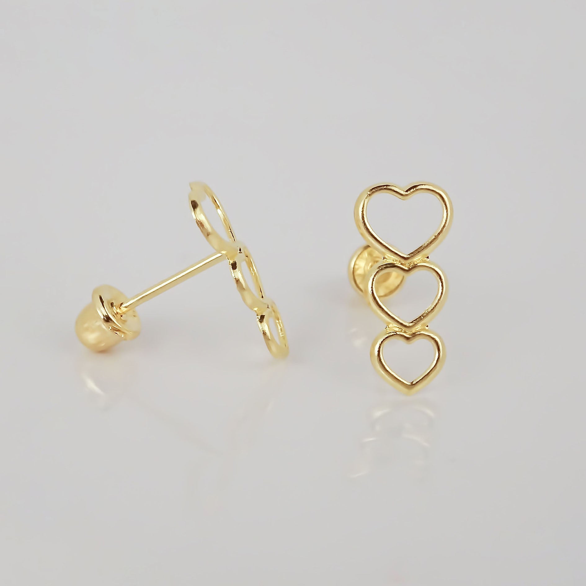 Amor Eterno - Broqueles 3 Corazones / Aretes Oro Sólido 10k
