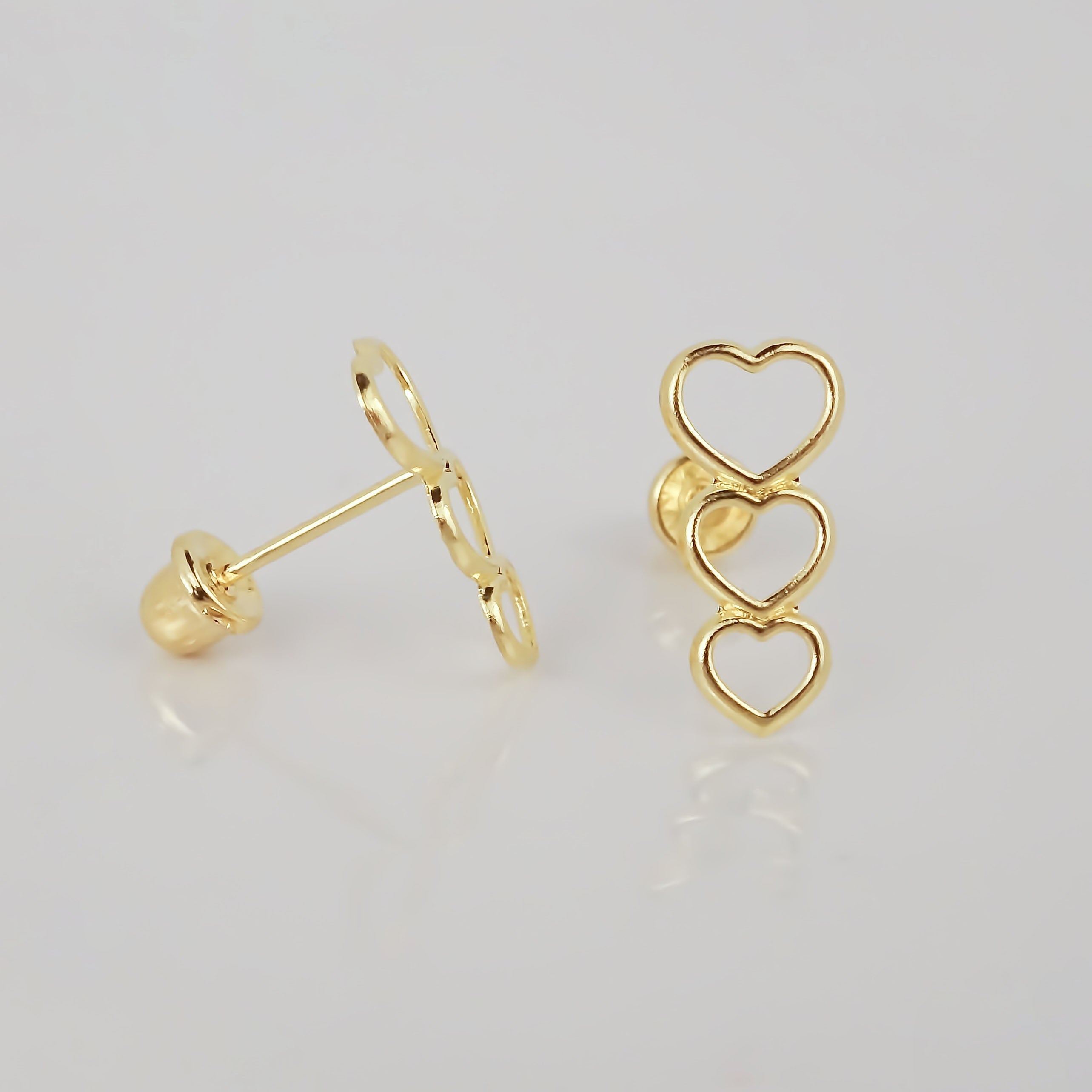 Amor Eterno - Broqueles 3 Corazones / Aretes Oro Sólido 10k