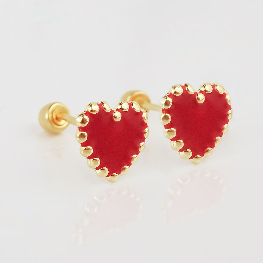 Amor Eterno - Broqueles Corazón Esmaltado / Oro Sólido 10k / Rojo