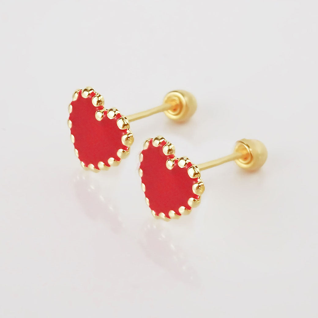 Amor Eterno - Broqueles Corazón Esmaltado / Oro Sólido 10k / Rojo