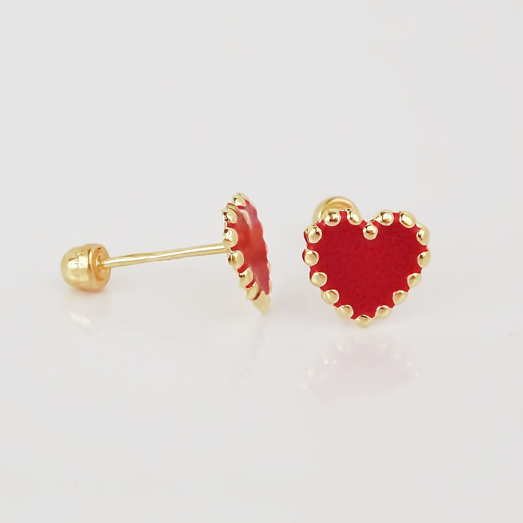 Amor Eterno - Broqueles Corazón Esmaltado / Oro Sólido 10k / Rojo