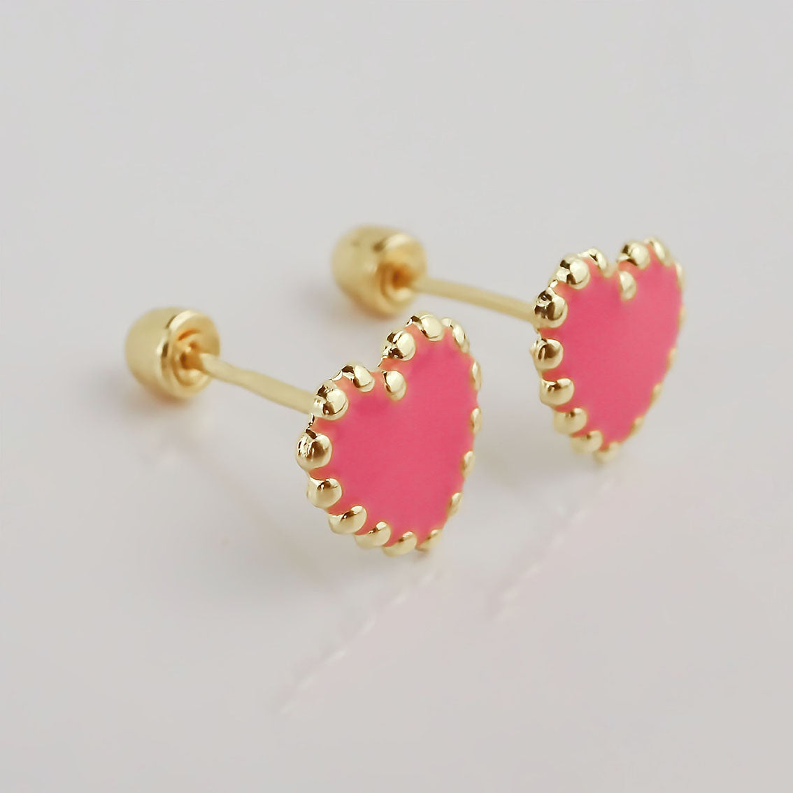 Amor Eterno - Broqueles Corazón Esmaltado / Oro Sólido 10k / Rosa