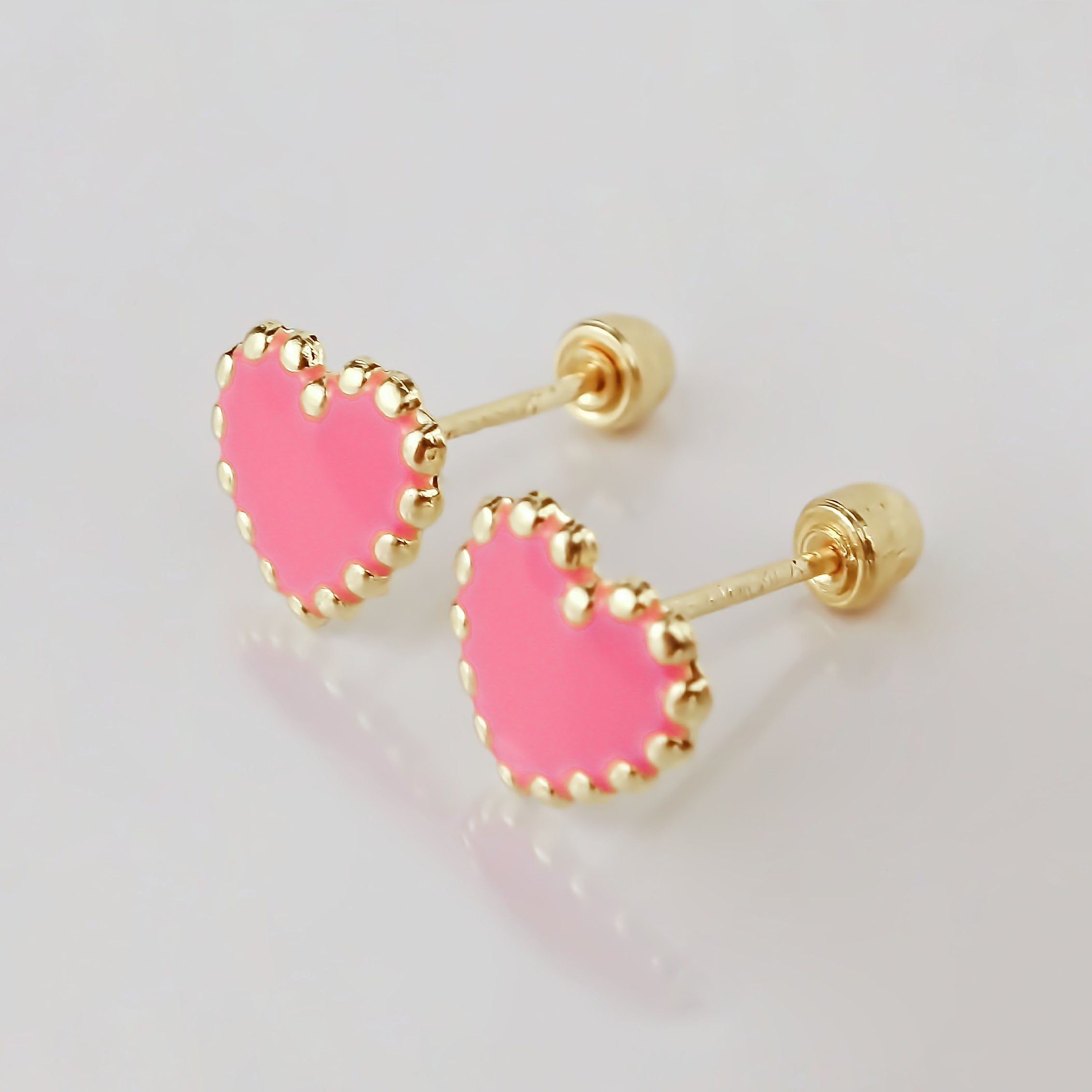 Amor Eterno - Broqueles Corazón Esmaltado / Oro Sólido 10k / Rosa