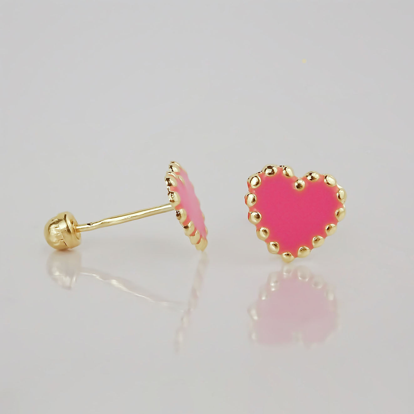 Amor Eterno - Broqueles Corazón Esmaltado / Oro Sólido 10k / Rosa