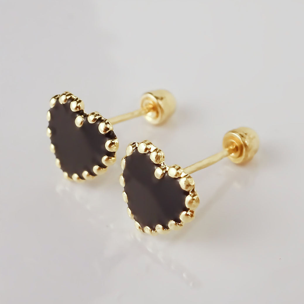 Amor Eterno - Broqueles Corazón Esmaltado / Oro Sólido 10k / Negro