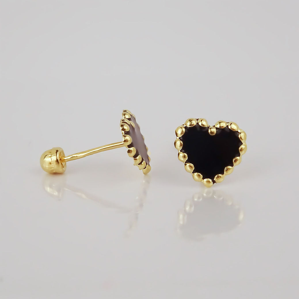 Amor Eterno - Broqueles Corazón Esmaltado / Oro Sólido 10k / Negro