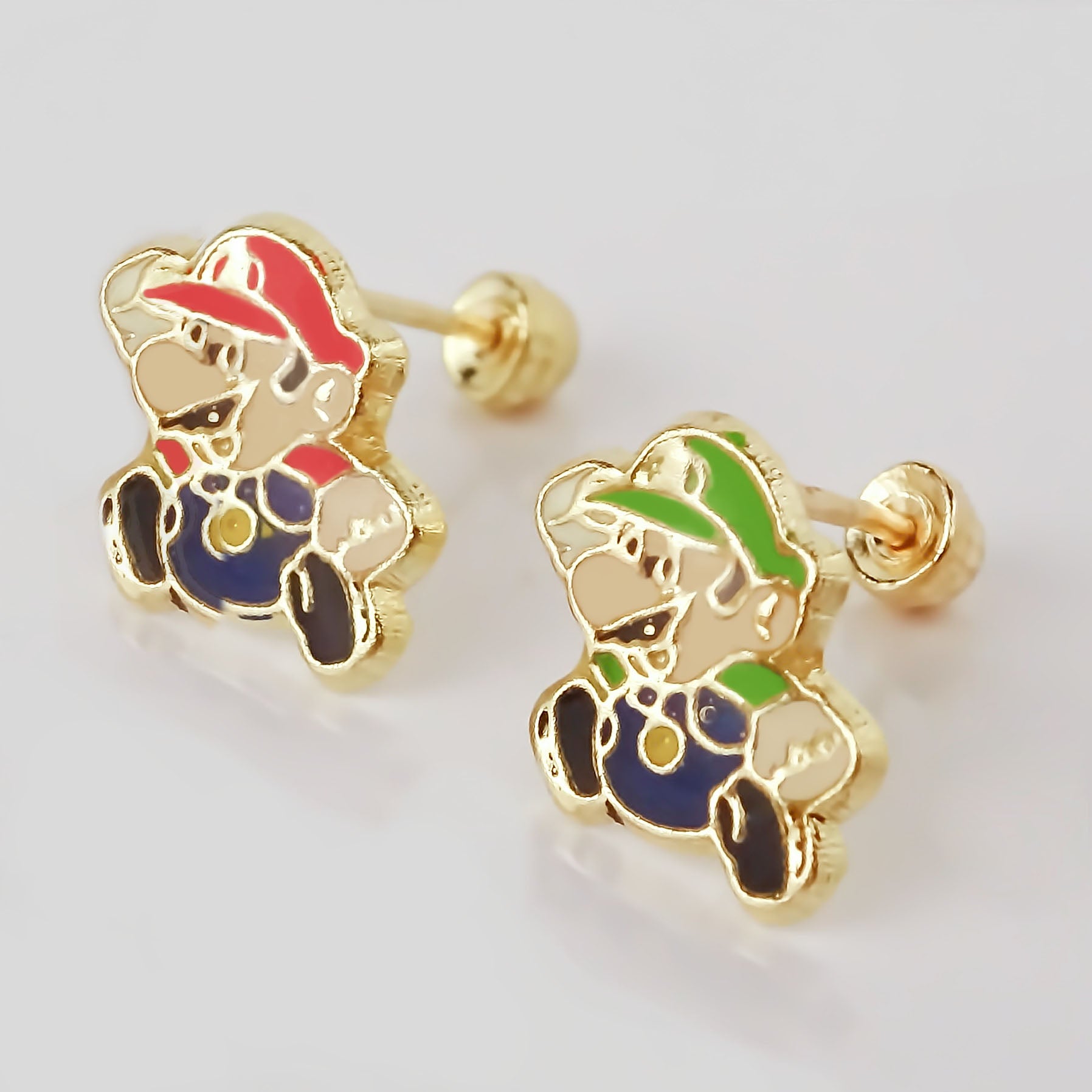 Amor Eterno - Broqueles Mario Bros Toad / Aretes Oro 10k / Mario y Luigi