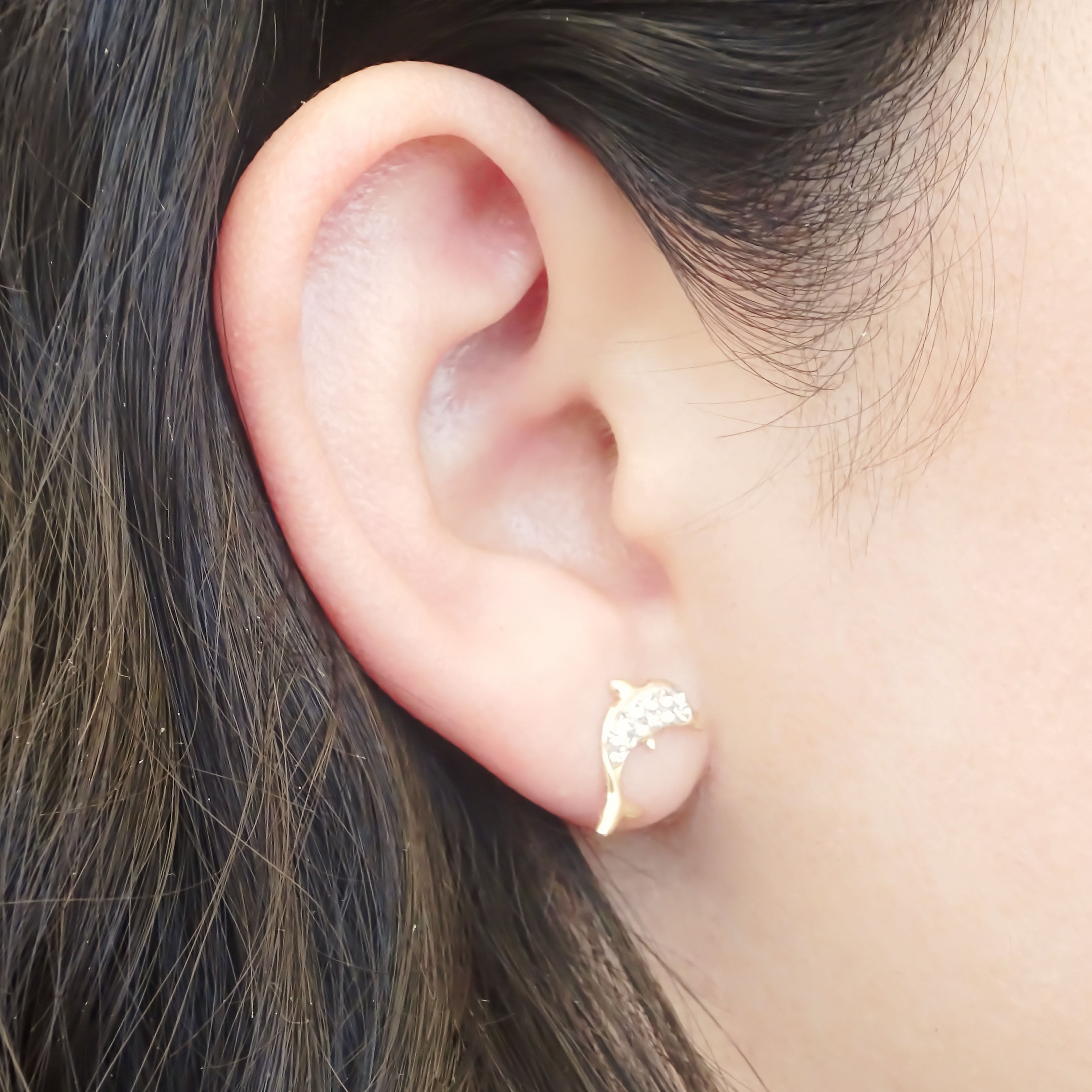 Amor Eterno - Broqueles Aretes Delfín Diamantes / Oro 10k