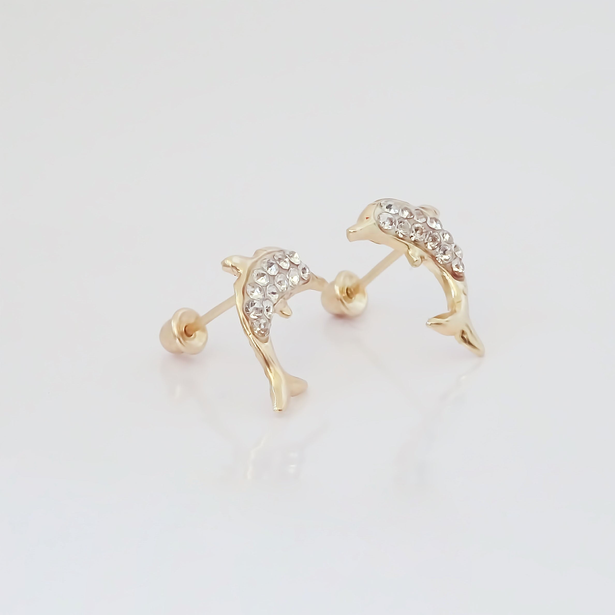 Amor Eterno - Broqueles Aretes Delfín Diamantes / Oro 10k