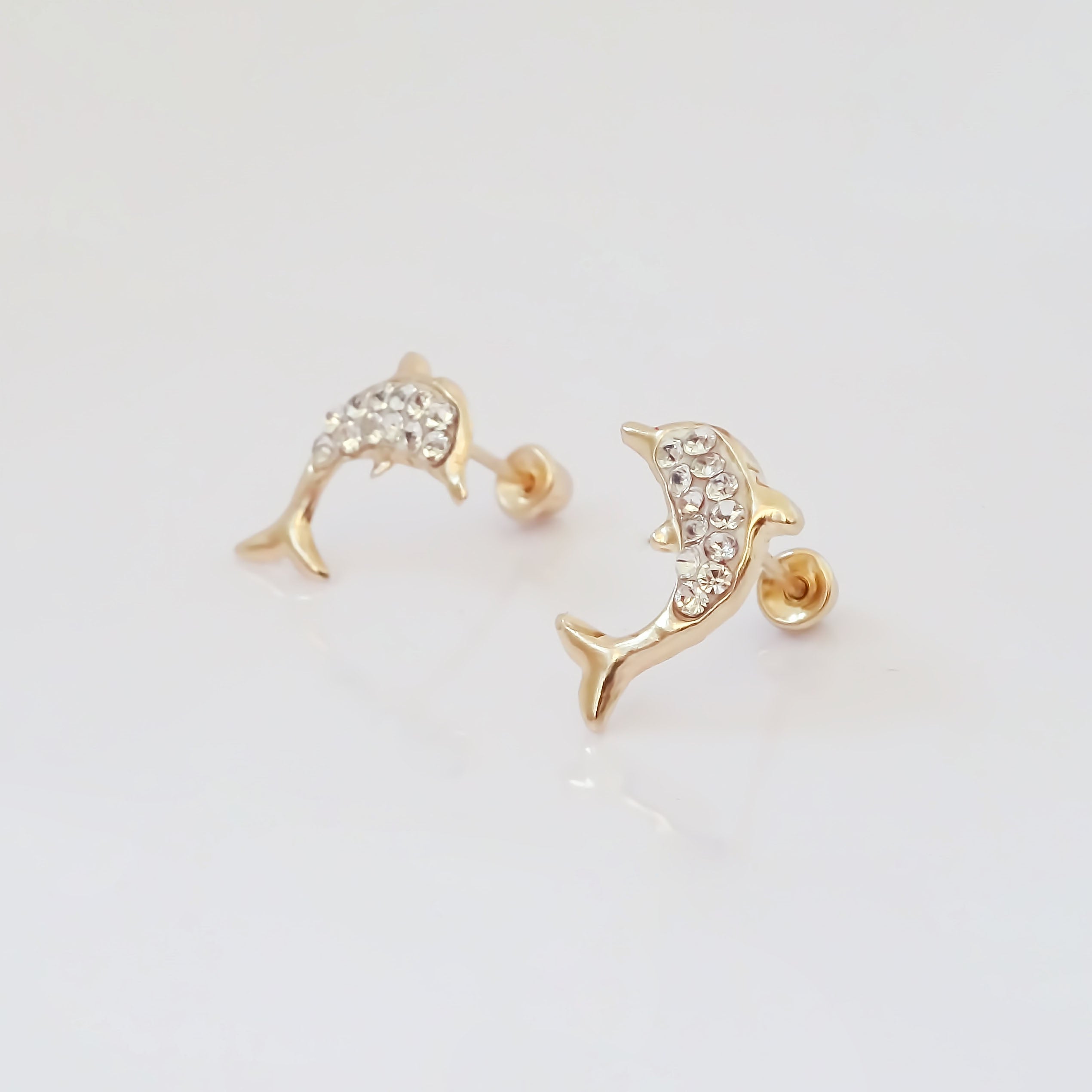 Amor Eterno - Broqueles Aretes Delfín Diamantes / Oro 10k
