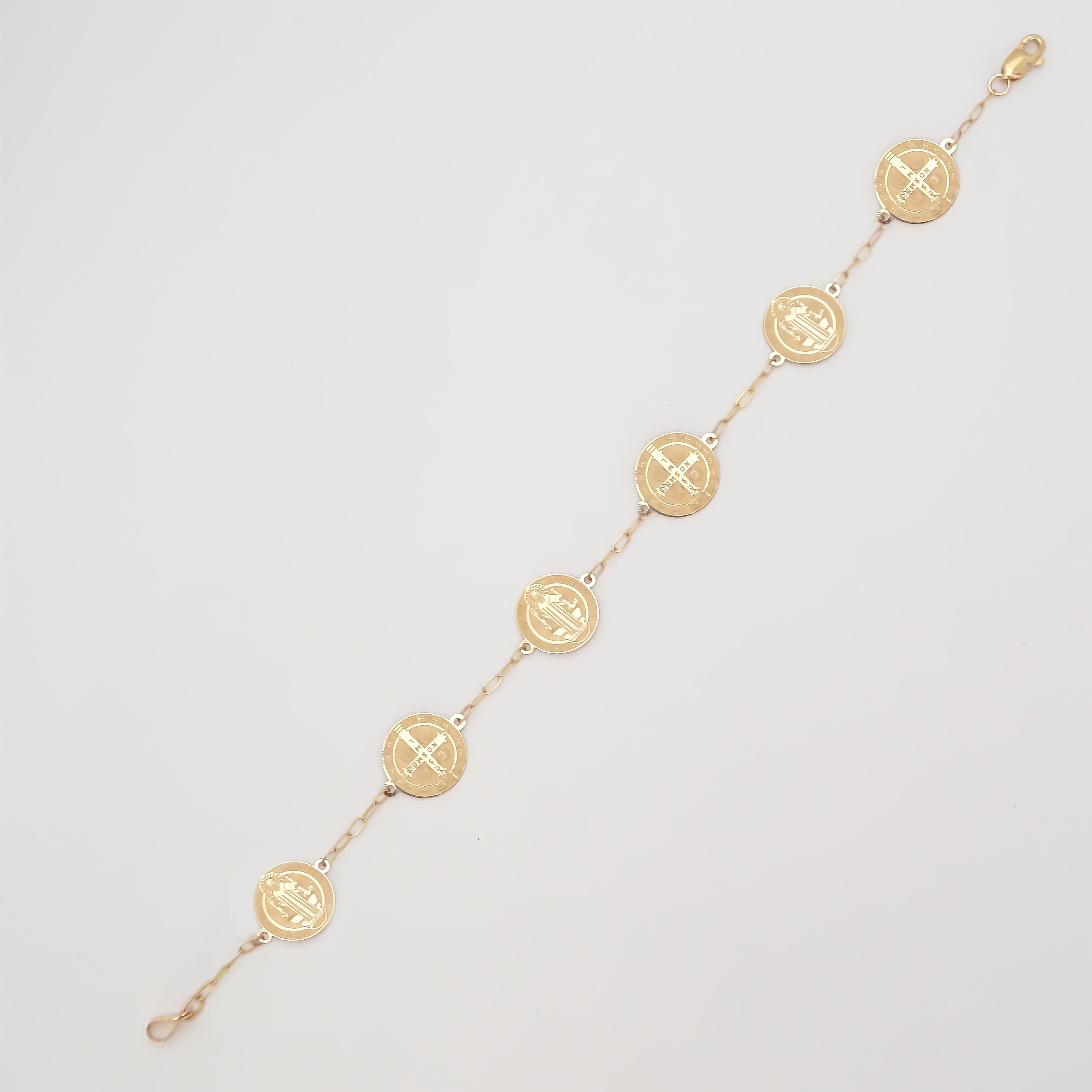 Amor Eterno - Pulsera Medalla Cruz San Benito Oro 10k Sólido