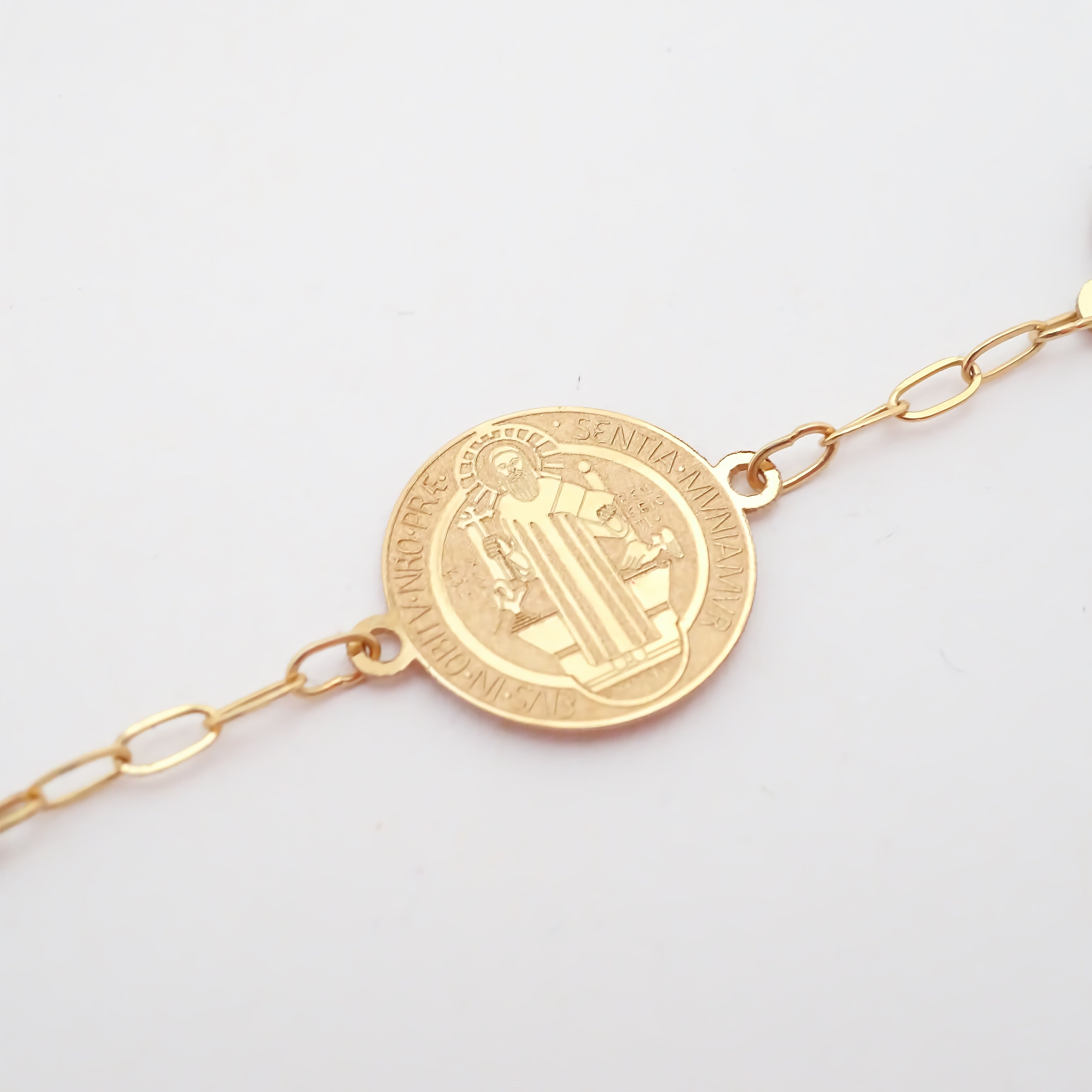 Amor Eterno - Pulsera Medalla Cruz San Benito Oro 10k Sólido
