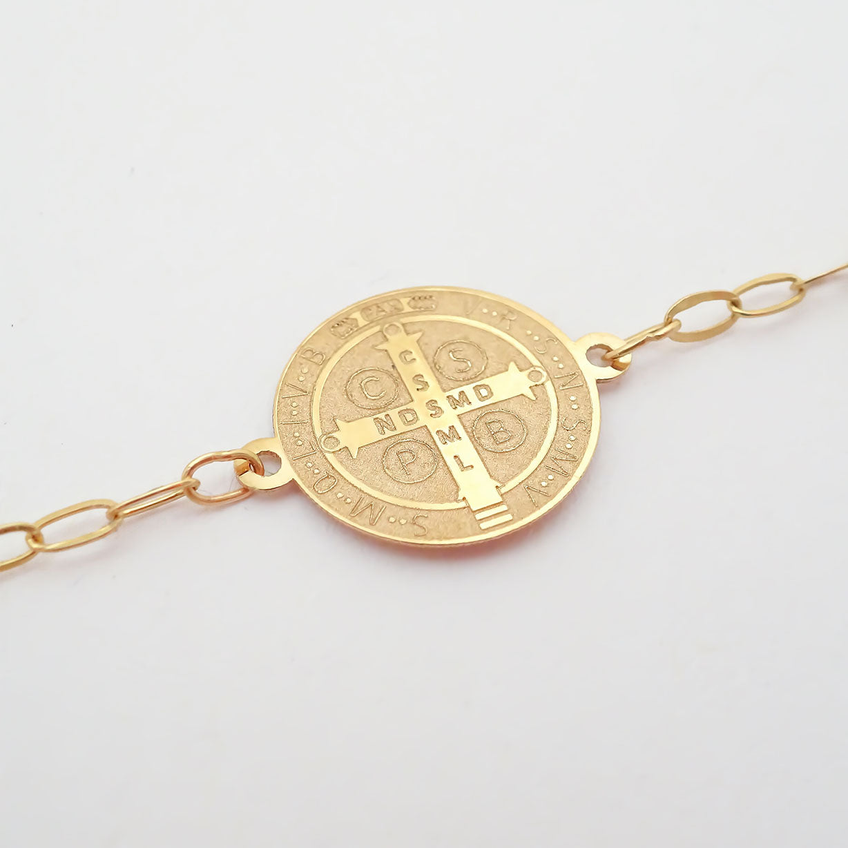 Amor Eterno - Pulsera Medalla Cruz San Benito Oro 10k Sólido