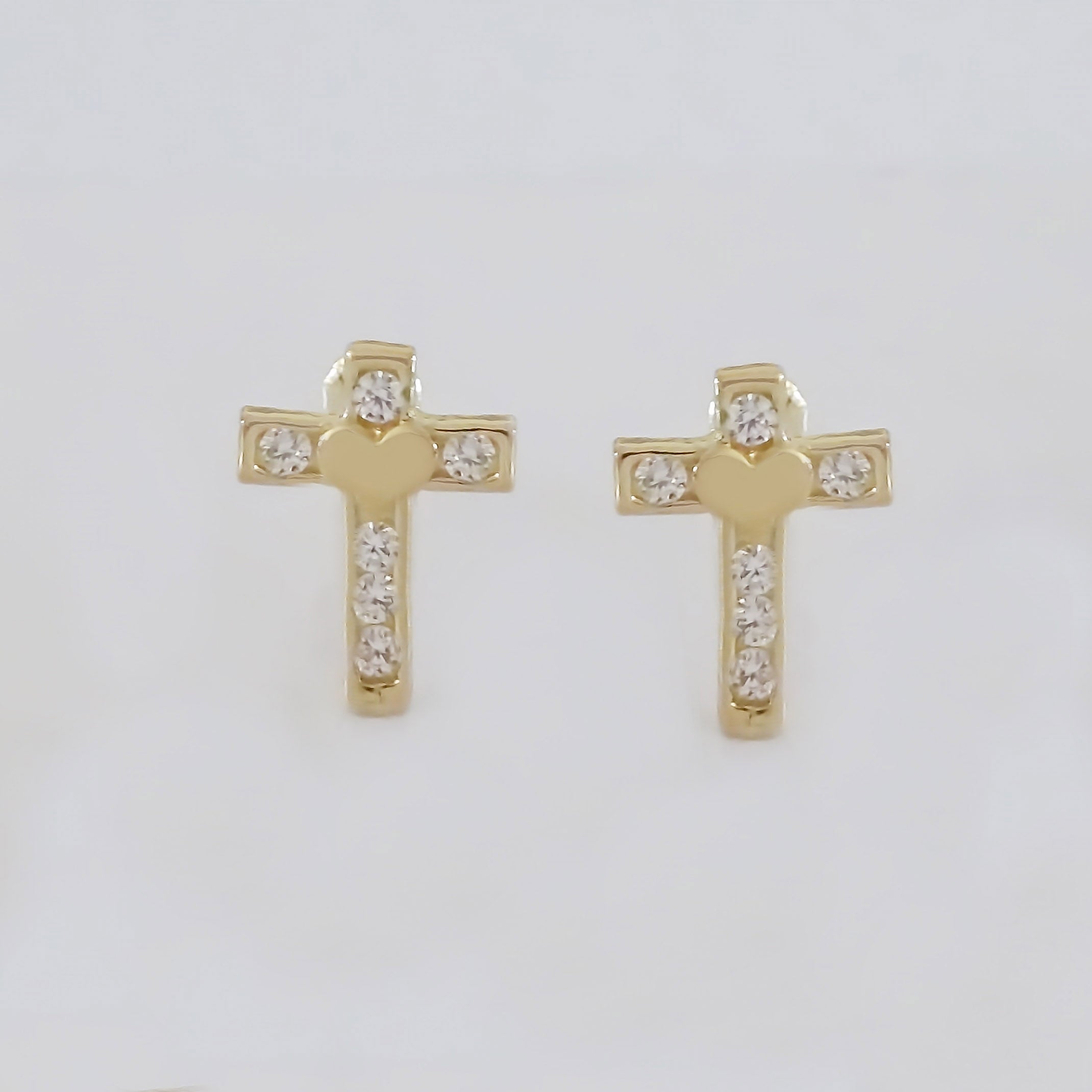 Amor Eterno - Broquel Aretes Cruz Corazón Diamante / Oro 10k