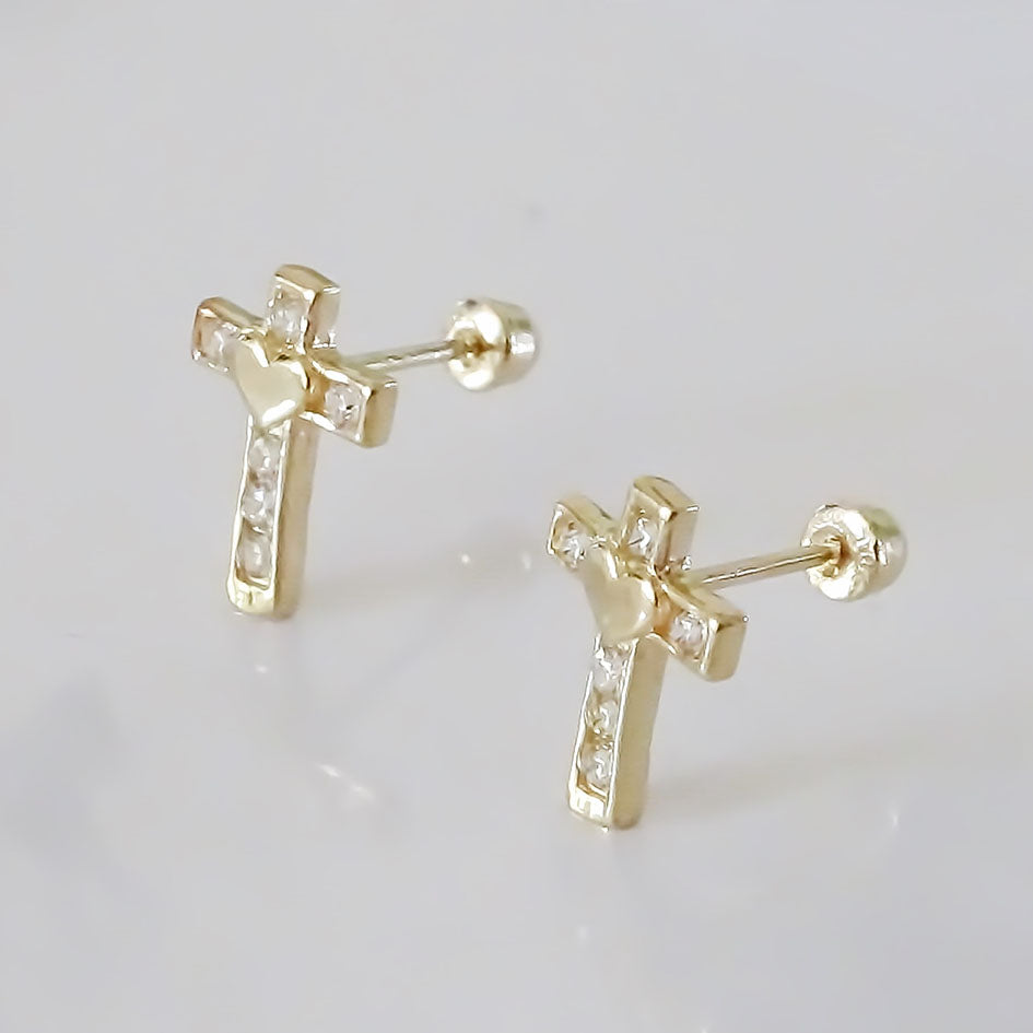 Amor Eterno - Broquel Aretes Cruz Corazón Diamante / Oro 10k