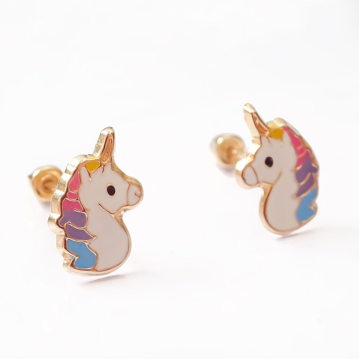 Amor Eterno - Broquel / Arete / Oro Sólido 10k De Unicornio Arcoiris