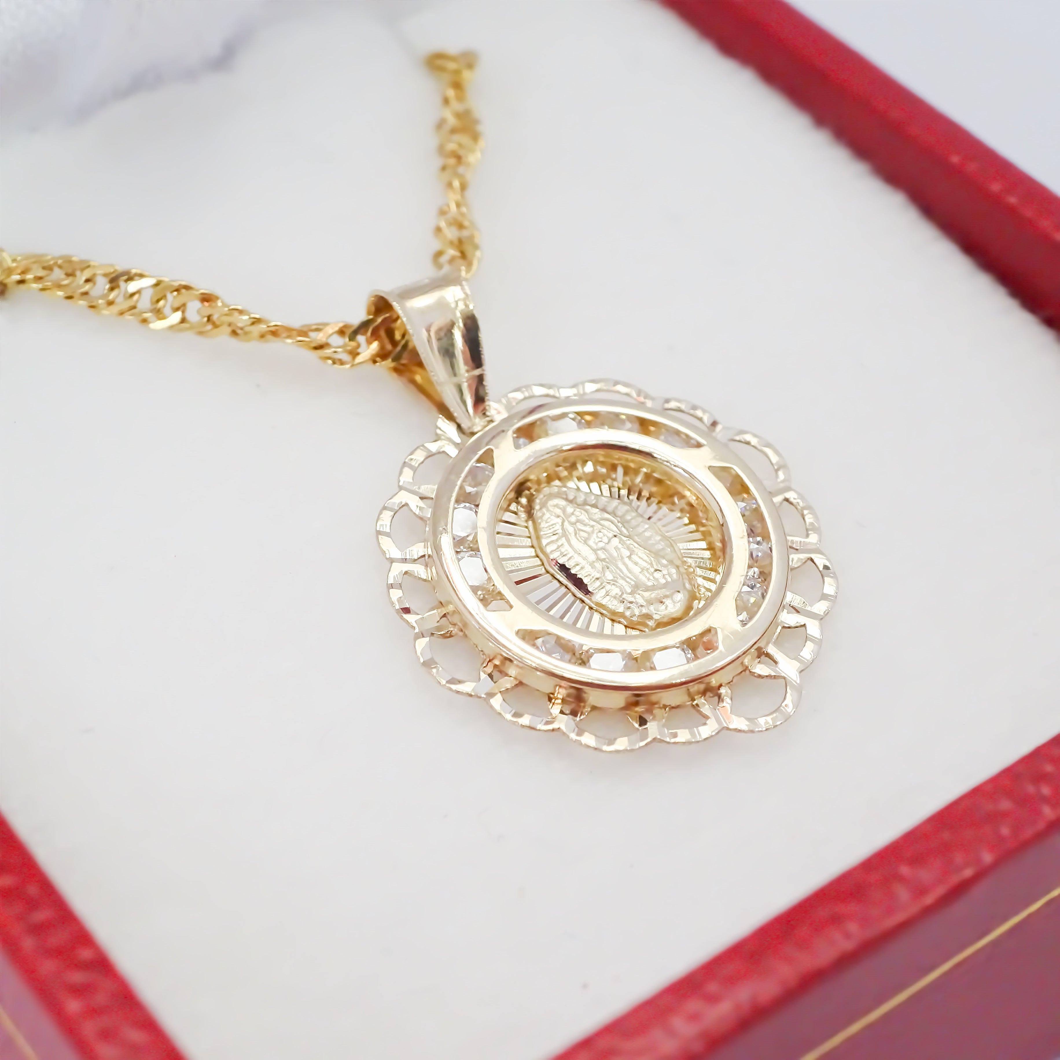 Amor Eterno - Medalla Virgen Flor Oro Sólido + Cadena Regalo