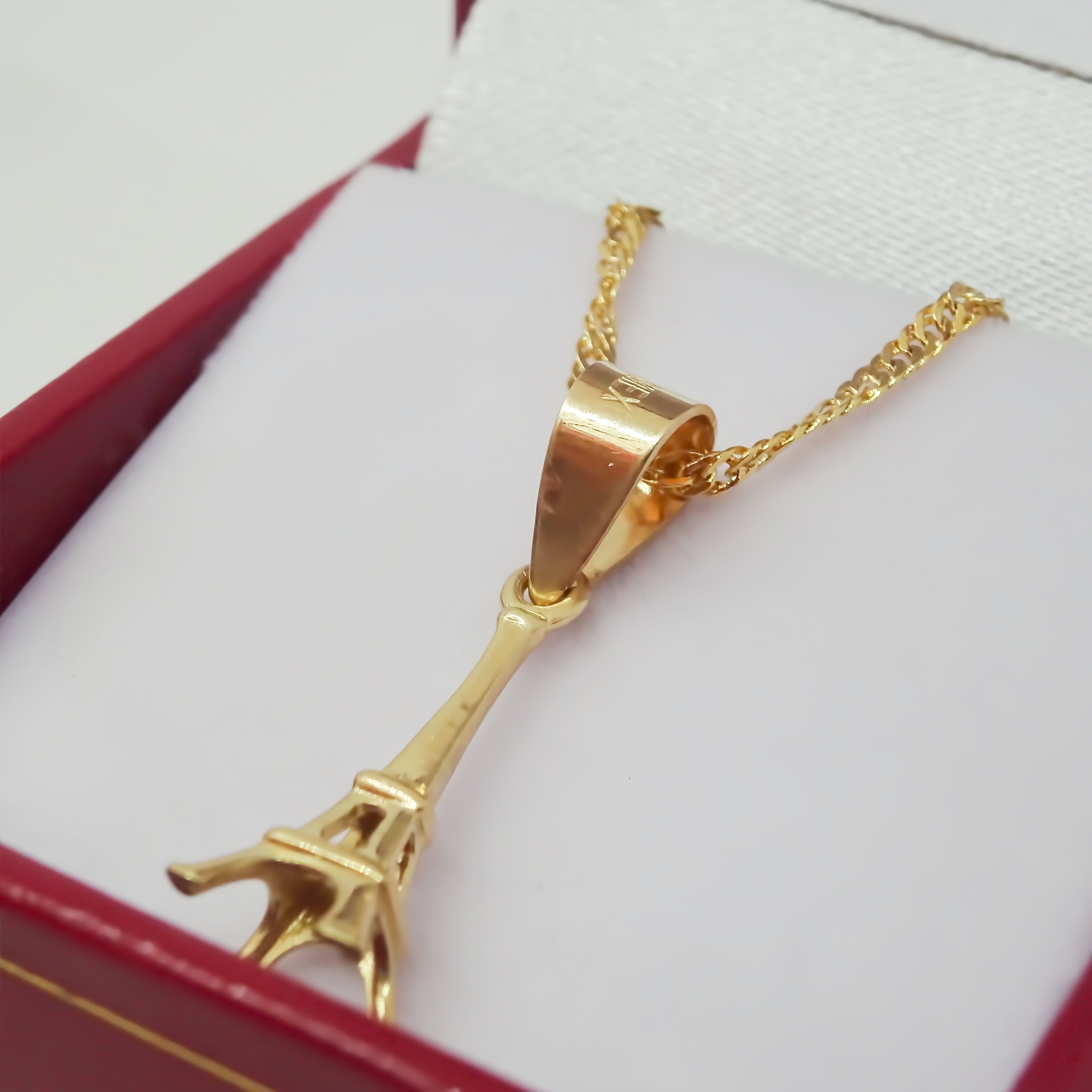 Amor Eterno - Dije De Torre Eiffel En Oro 10k Solido Amarillo + Cadena de Regalo