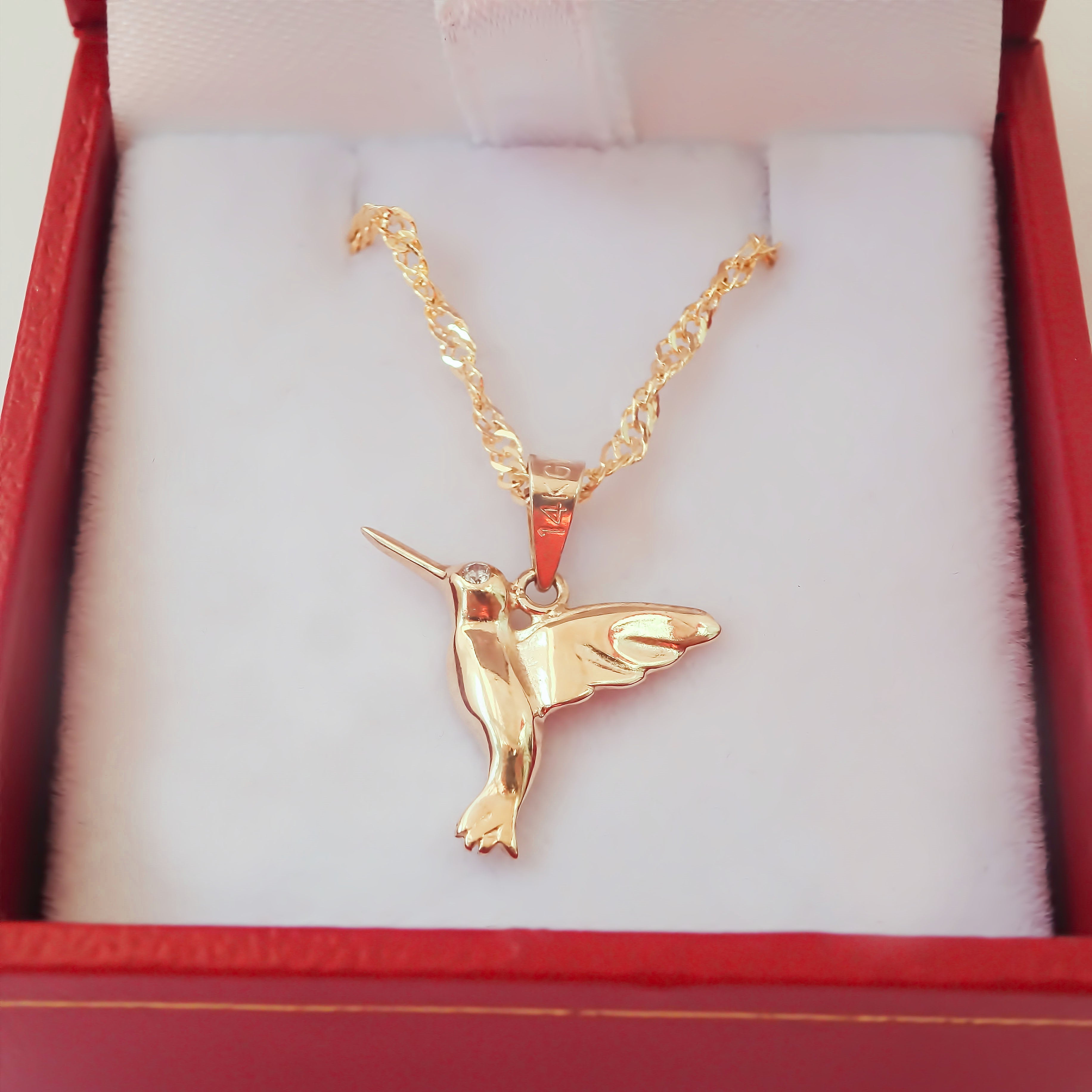 Amor Eterno - Dije Colibrí Oro Sólido 14k + Cadena Regalo
