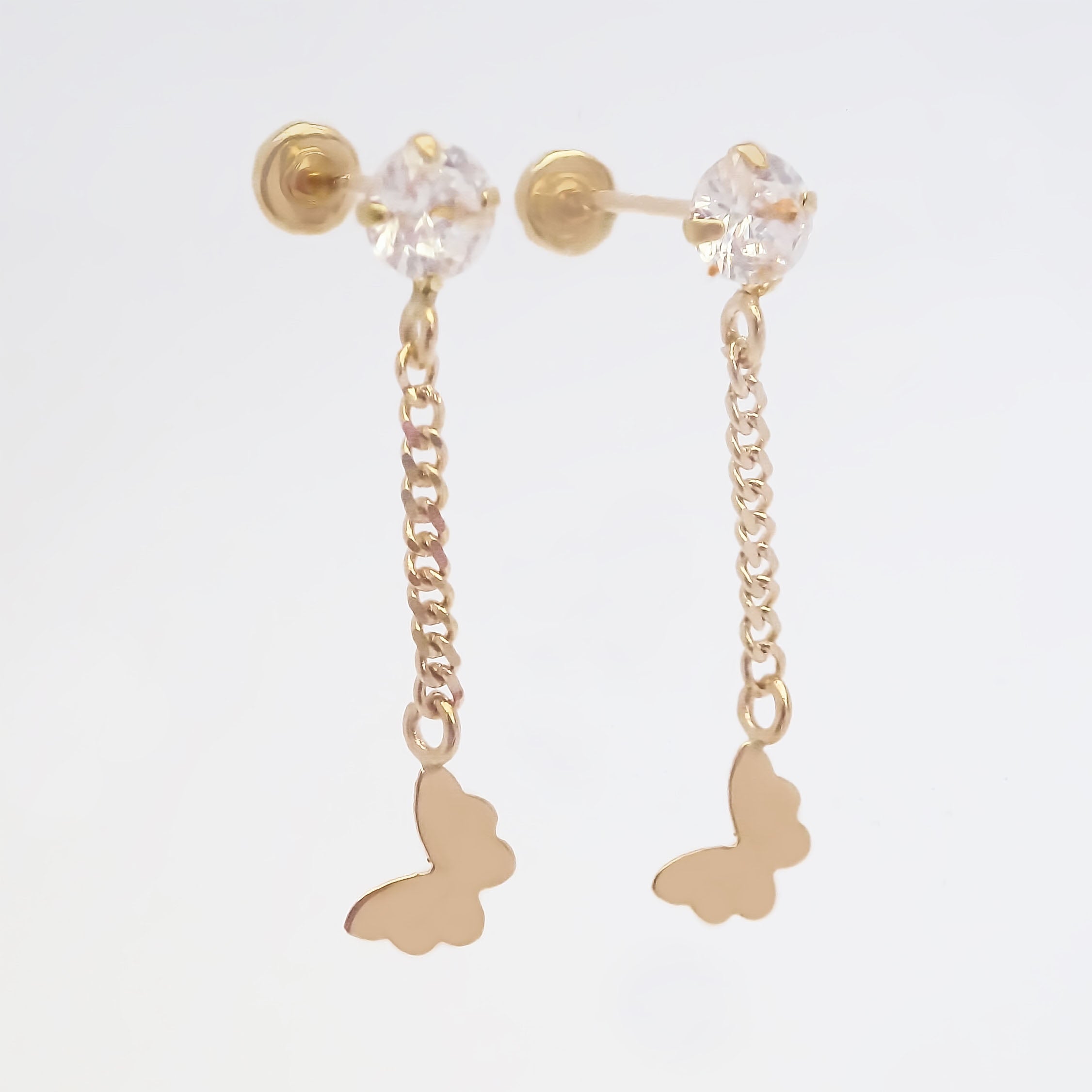 Amor Eterno - Broqueles Largos / Mariposita Cadena Oro 10k