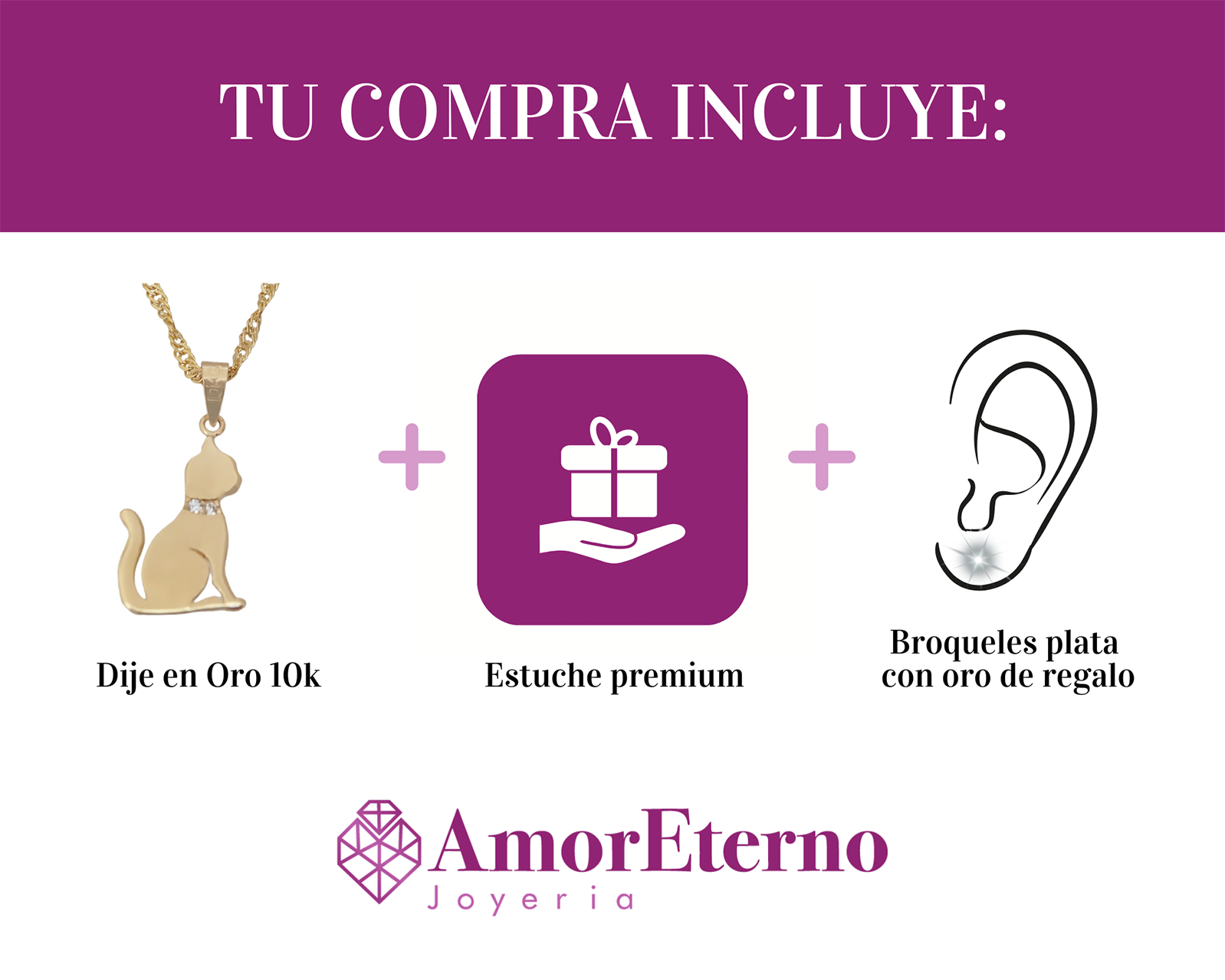 Amor Eterno - Dije Gato Oro 10k Solido + Cadena Regalo