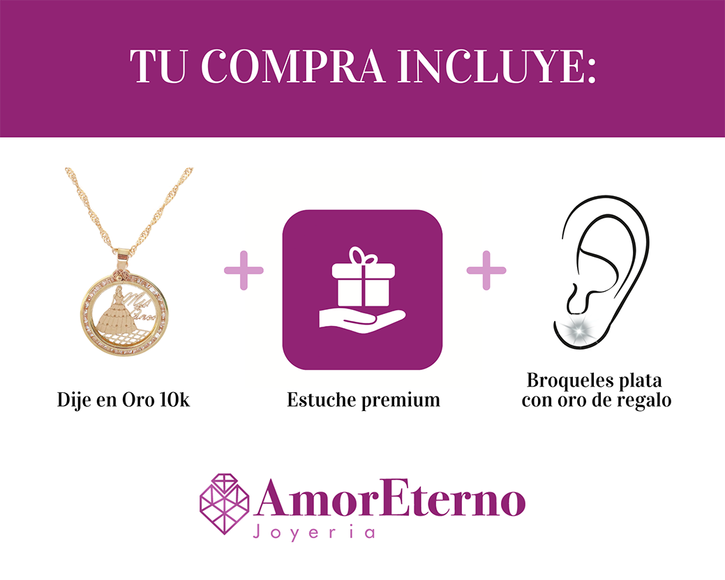 Amor Eterno - Dije XV Años Vestido Largo / Oro 10k + Cadena de Regalo