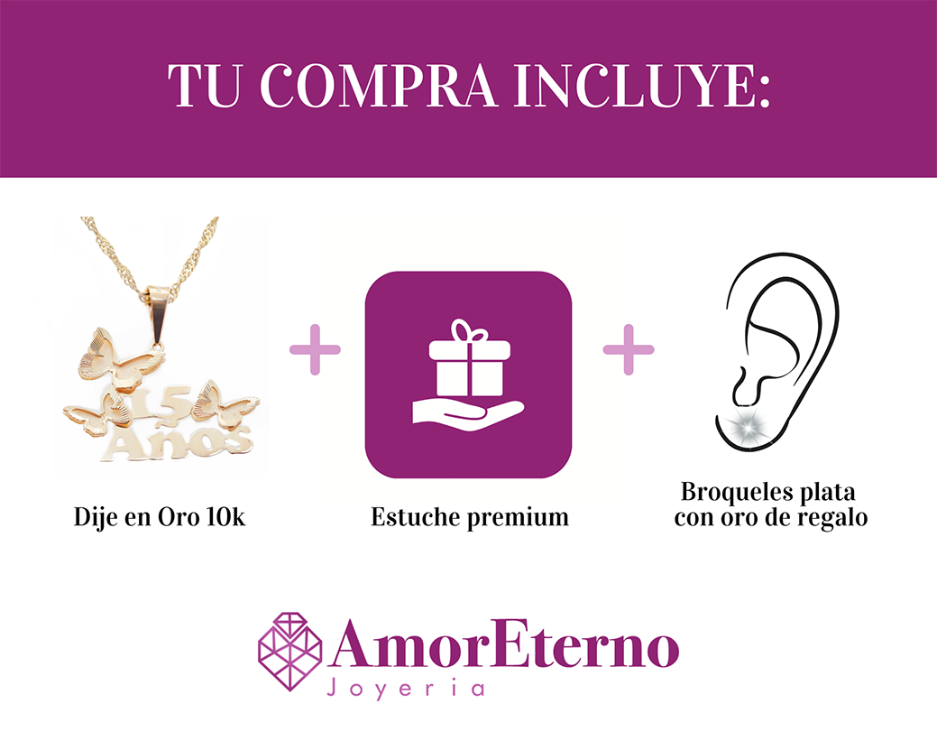 Amor Eterno - Dije Mariposas Xv Años Oro Sólido 10k + Cadena de Regalo