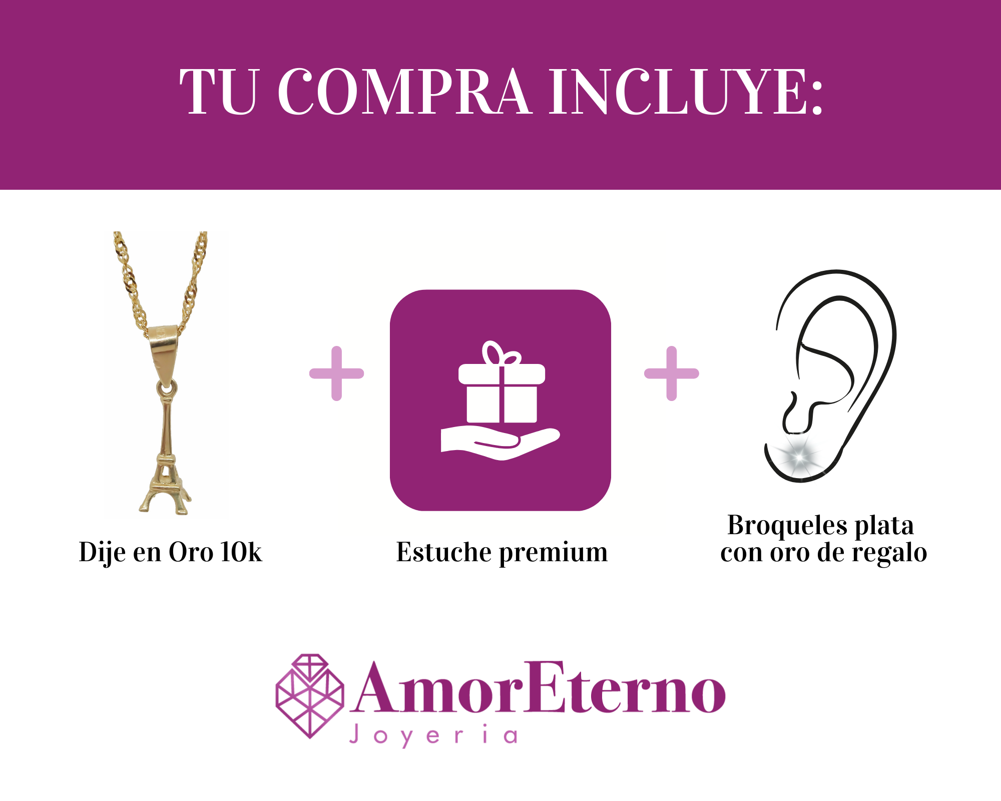Amor Eterno - Dije De Torre Eiffel En Oro 10k Solido Amarillo + Cadena de Regalo