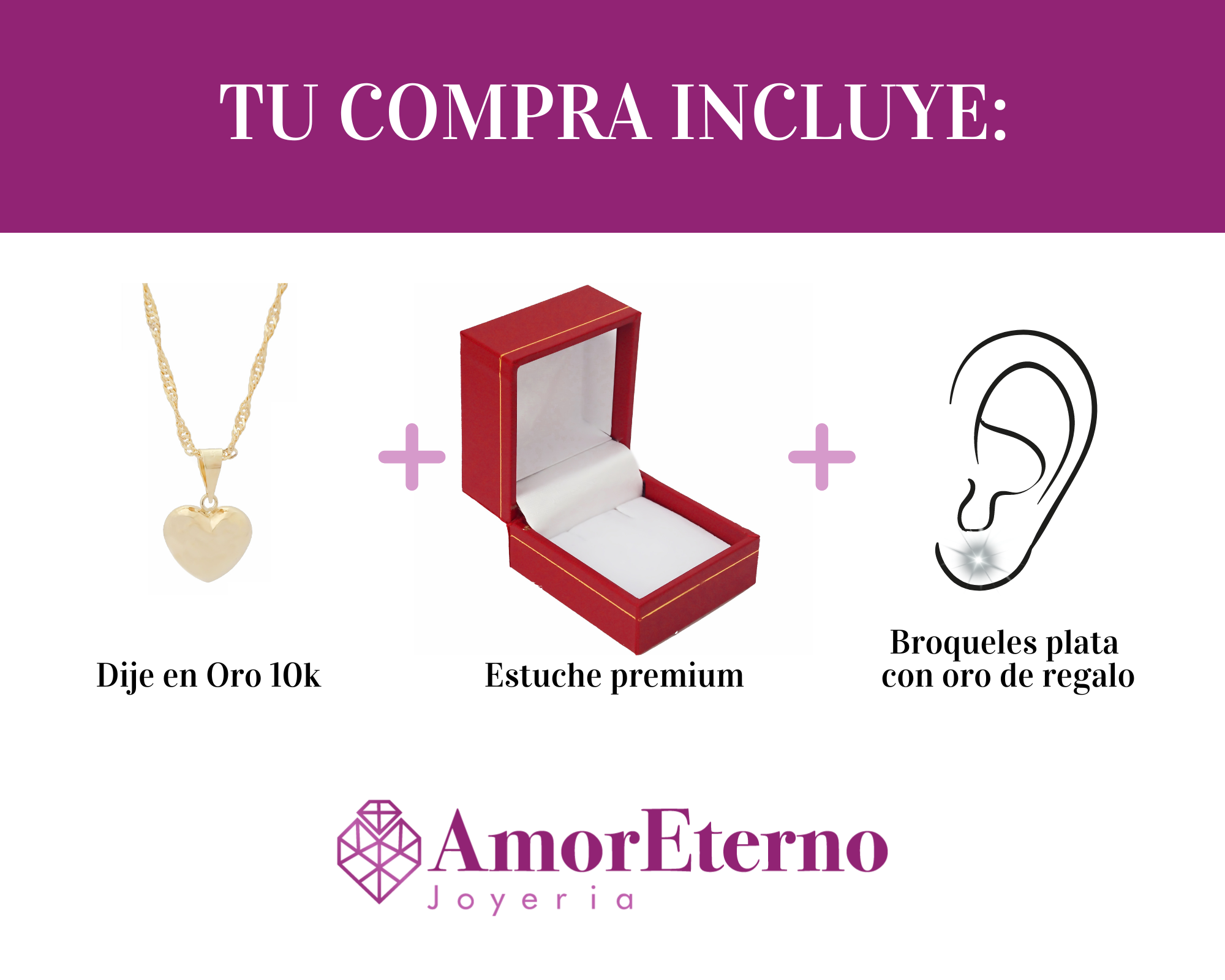 Amor Eterno - Dije Y Aretes Corazón Oro10k + Cadena Regalo