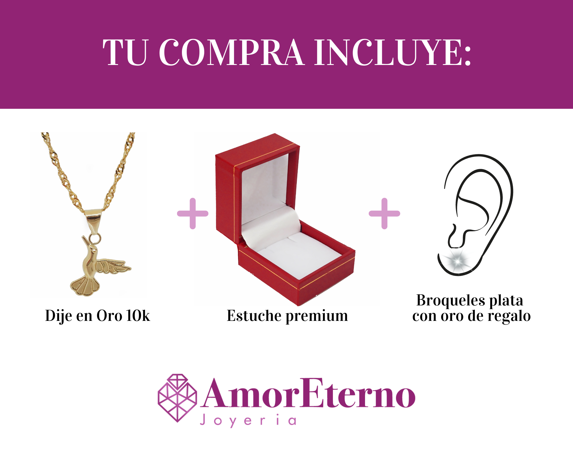 Amor Eterno - Dije Colibrí Fly / Oro Sólido 10k + Cadena