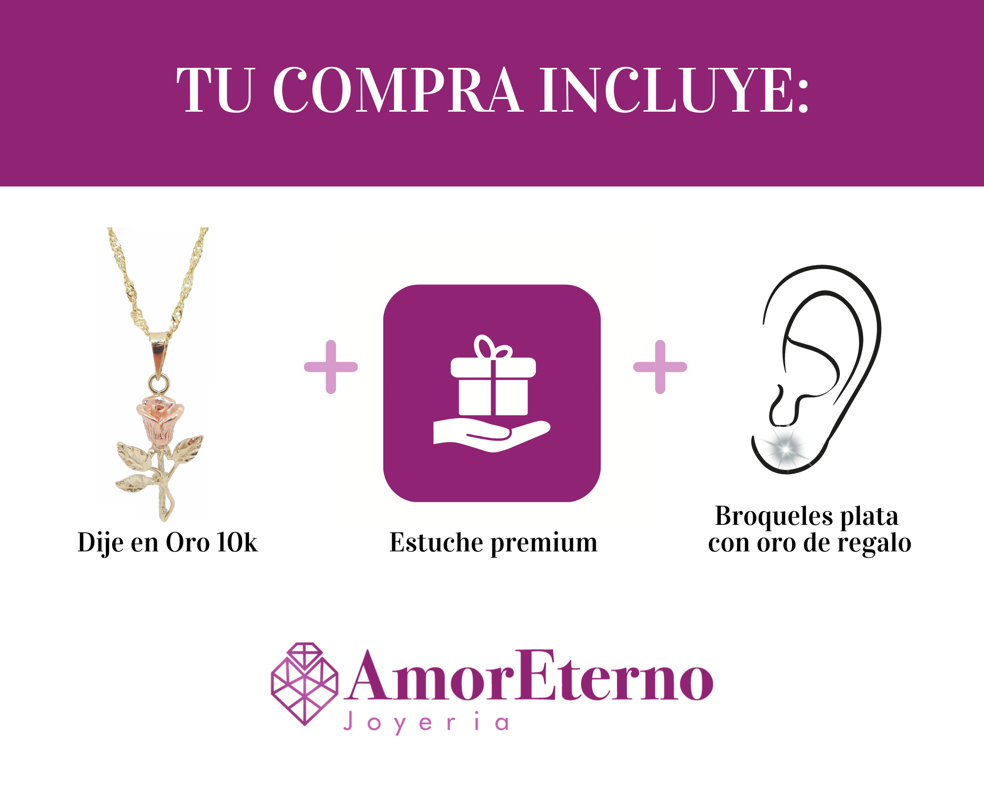 Amor Eterno - Dije Rosa Flor Grande Oro Sólido 10k + Cadena de Regalo