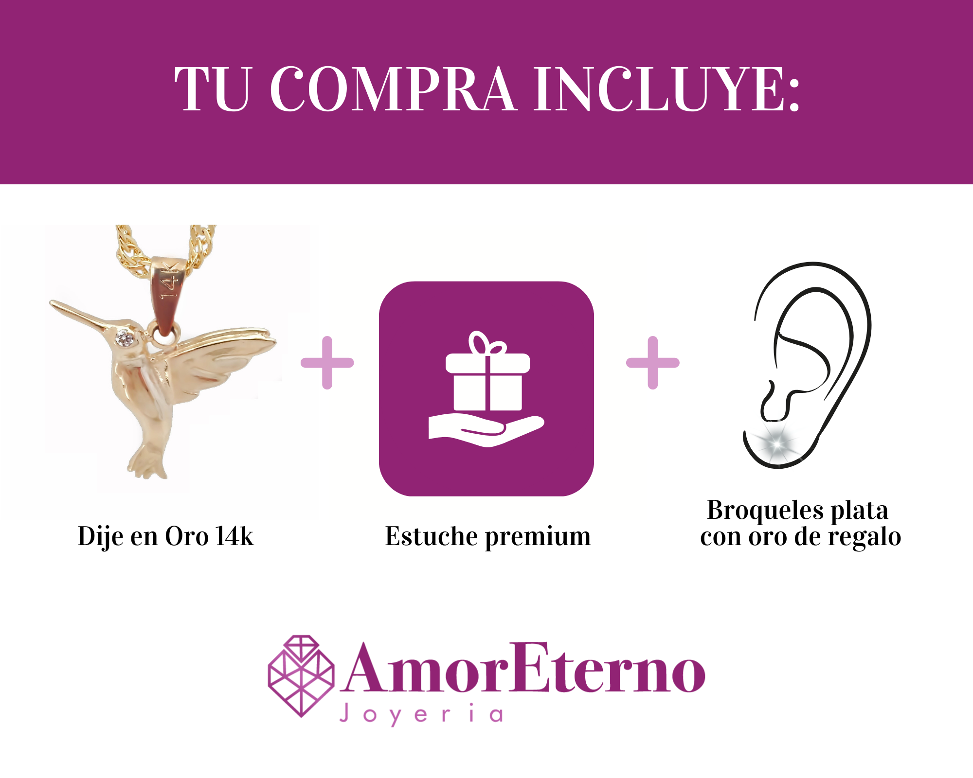Amor Eterno - Dije Colibrí Oro Sólido 14k + Cadena Regalo