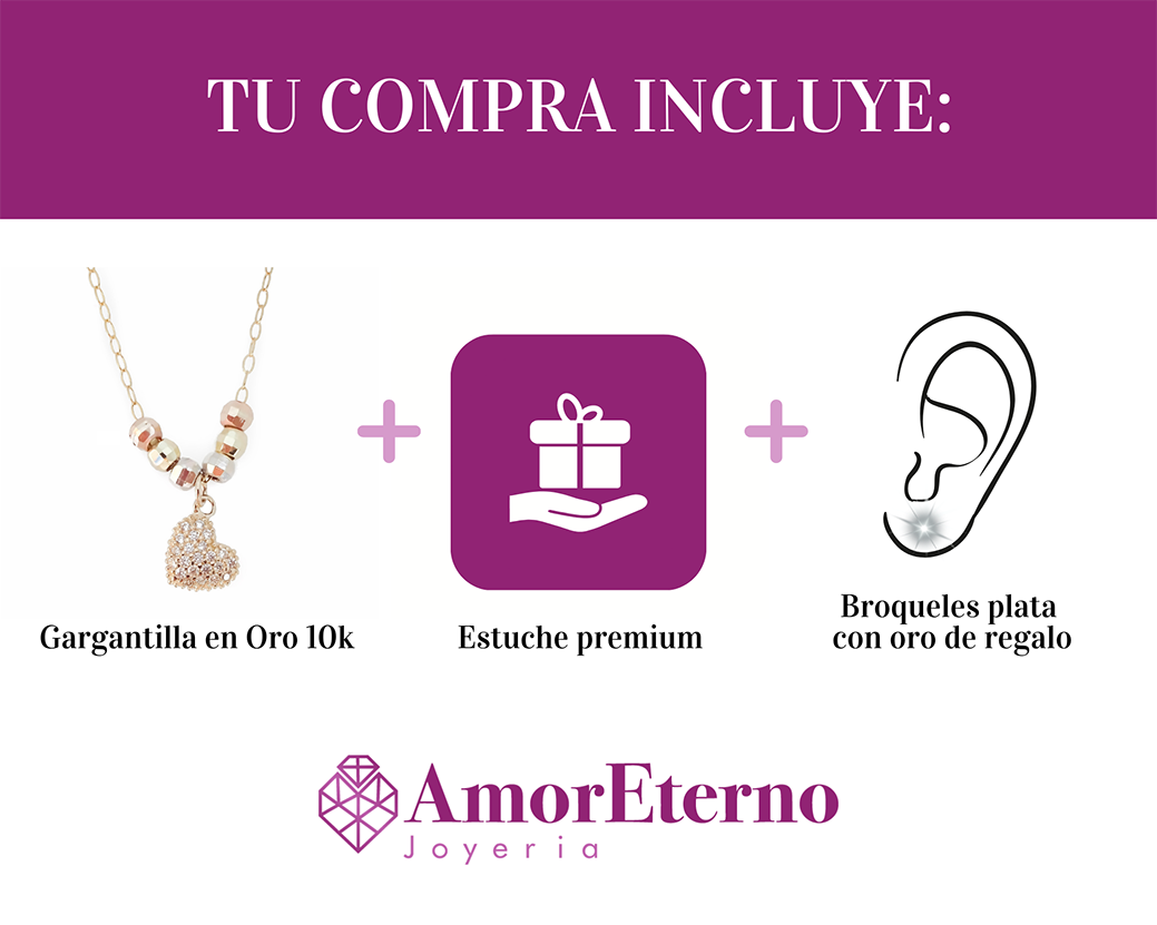 * Amor Eterno - Gargantilla / Corazón Full 3 Oros Sólido 10k