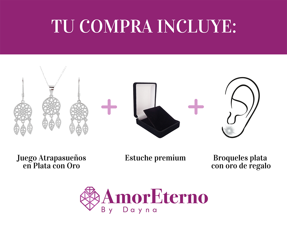 Amor Eterno- Dije Atrapasueños + Juego Aretes Plata Oro 24k