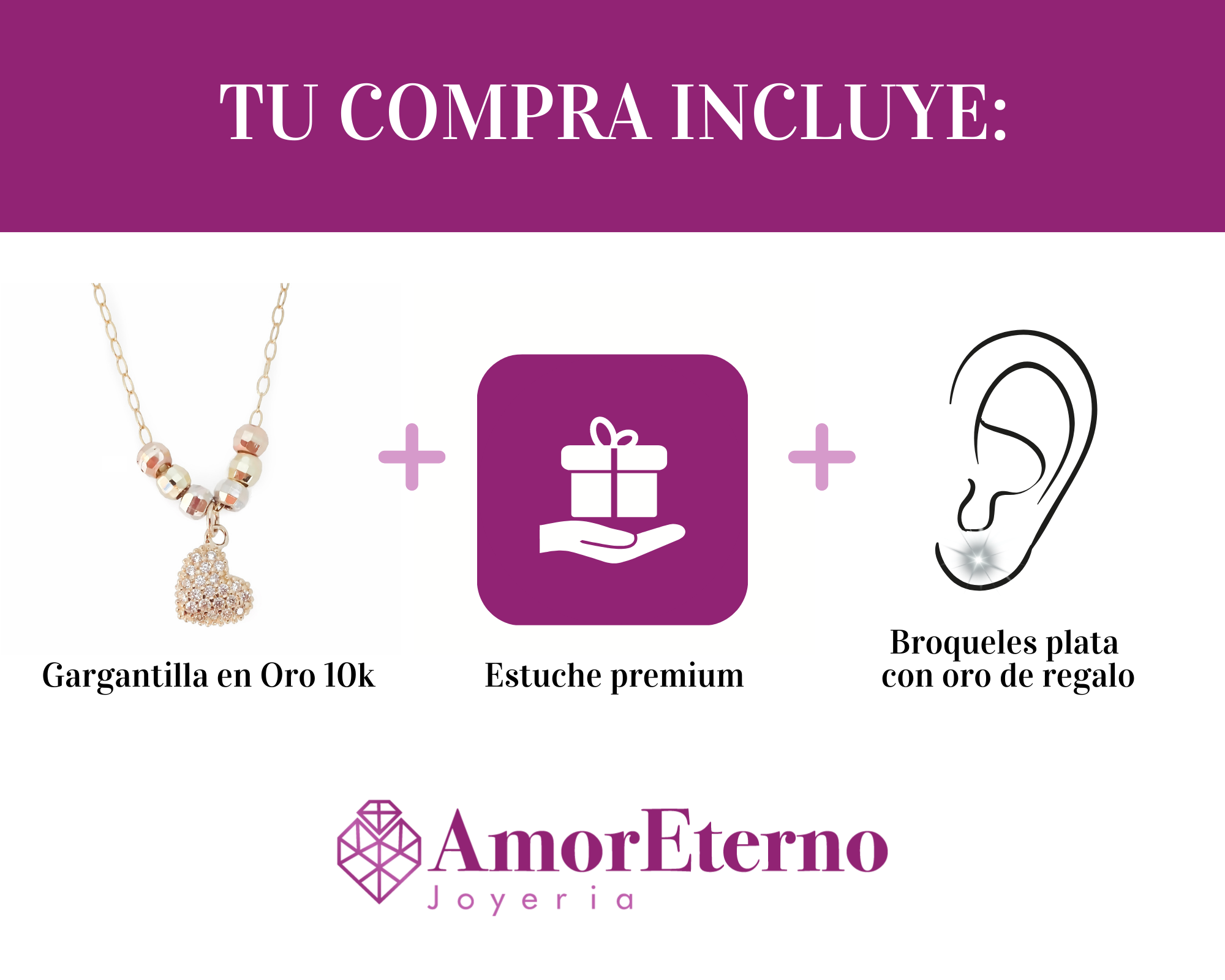 * Amor Eterno - Gargantilla / Corazón Full 3 Oros Sólido 10k