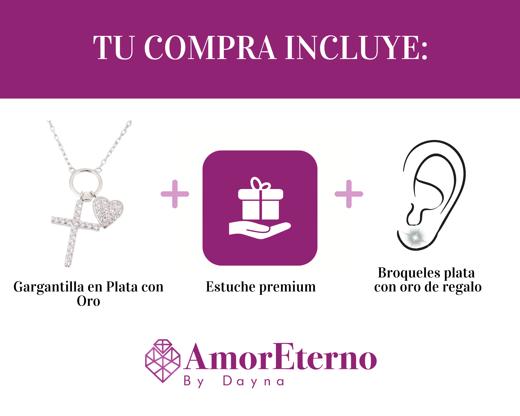 Amor Eterno - Collar Plata / Oro 24k / Cruz Corazón + Regalo