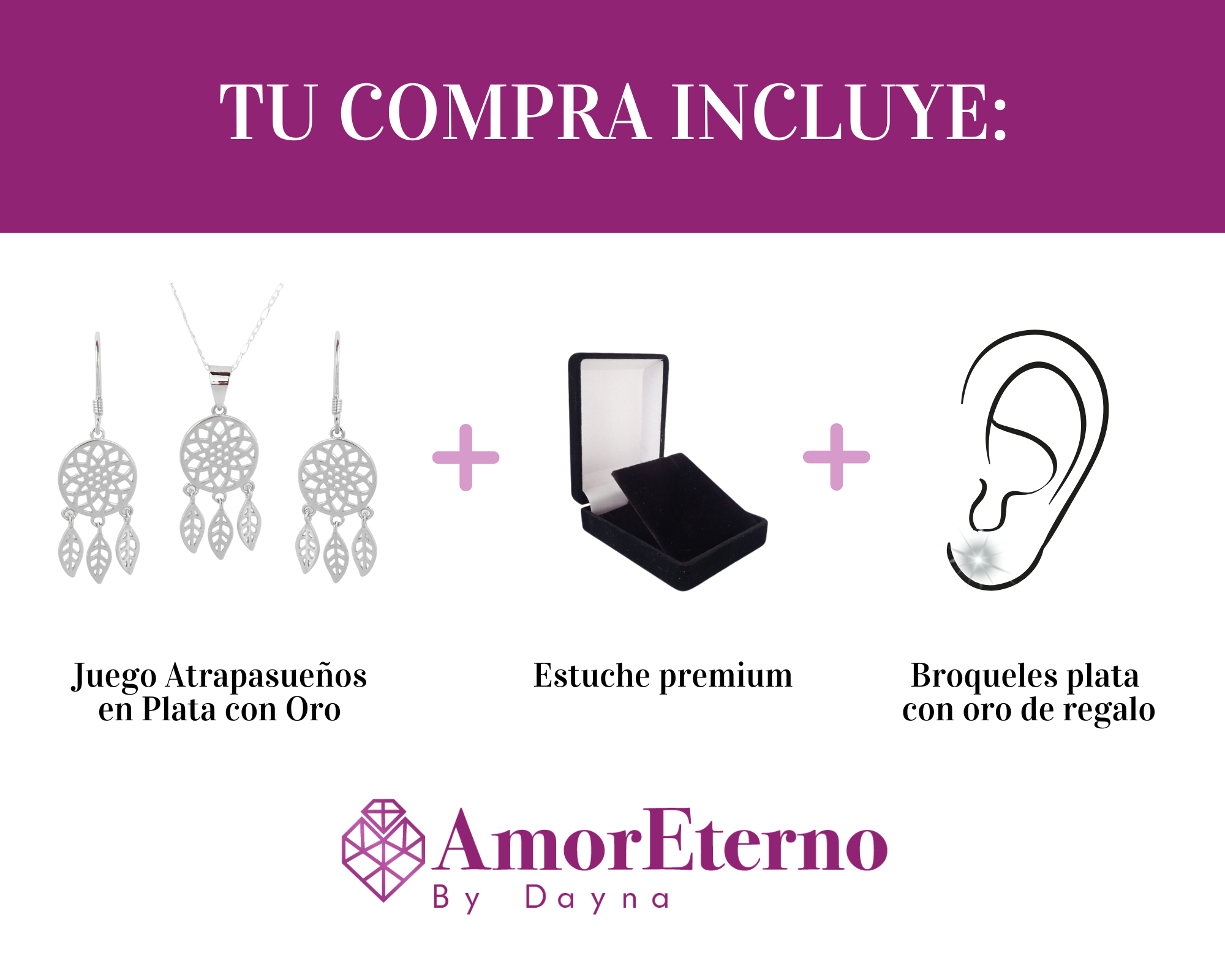 Amor Eterno- Dije Atrapasueños + Juego Aretes Plata Oro 24k