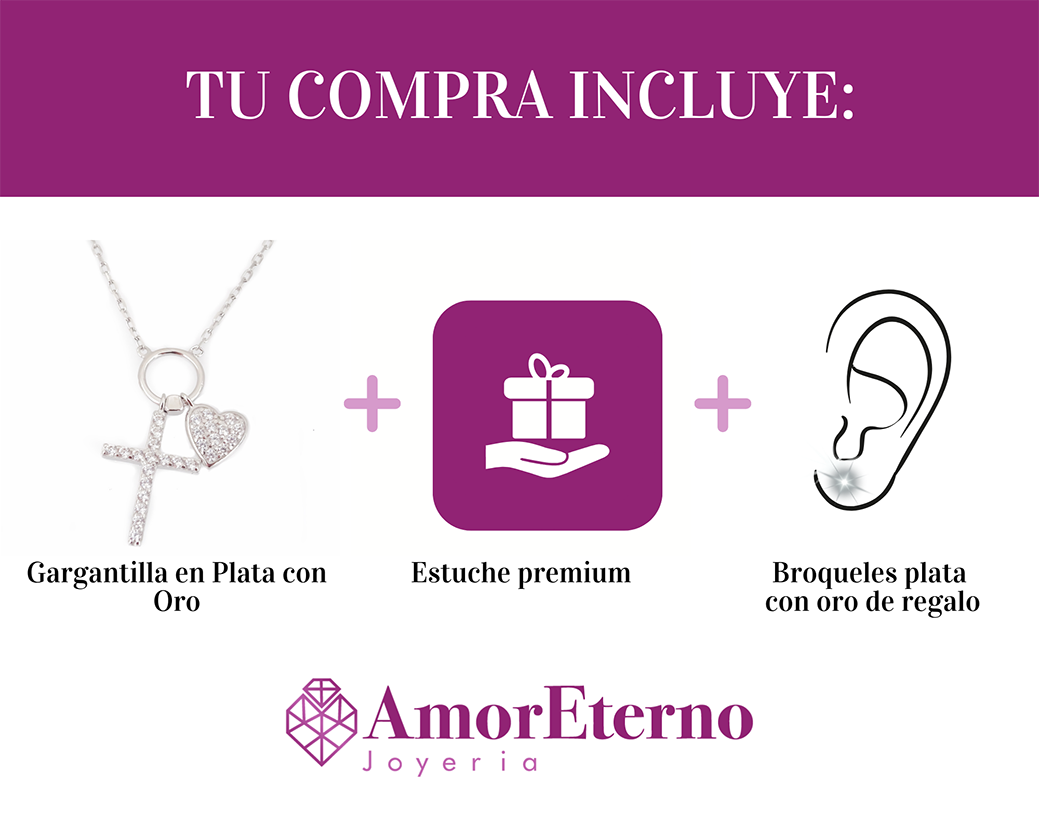 Amor Eterno - Collar Plata / Oro 24k / Cruz Corazón + Regalo