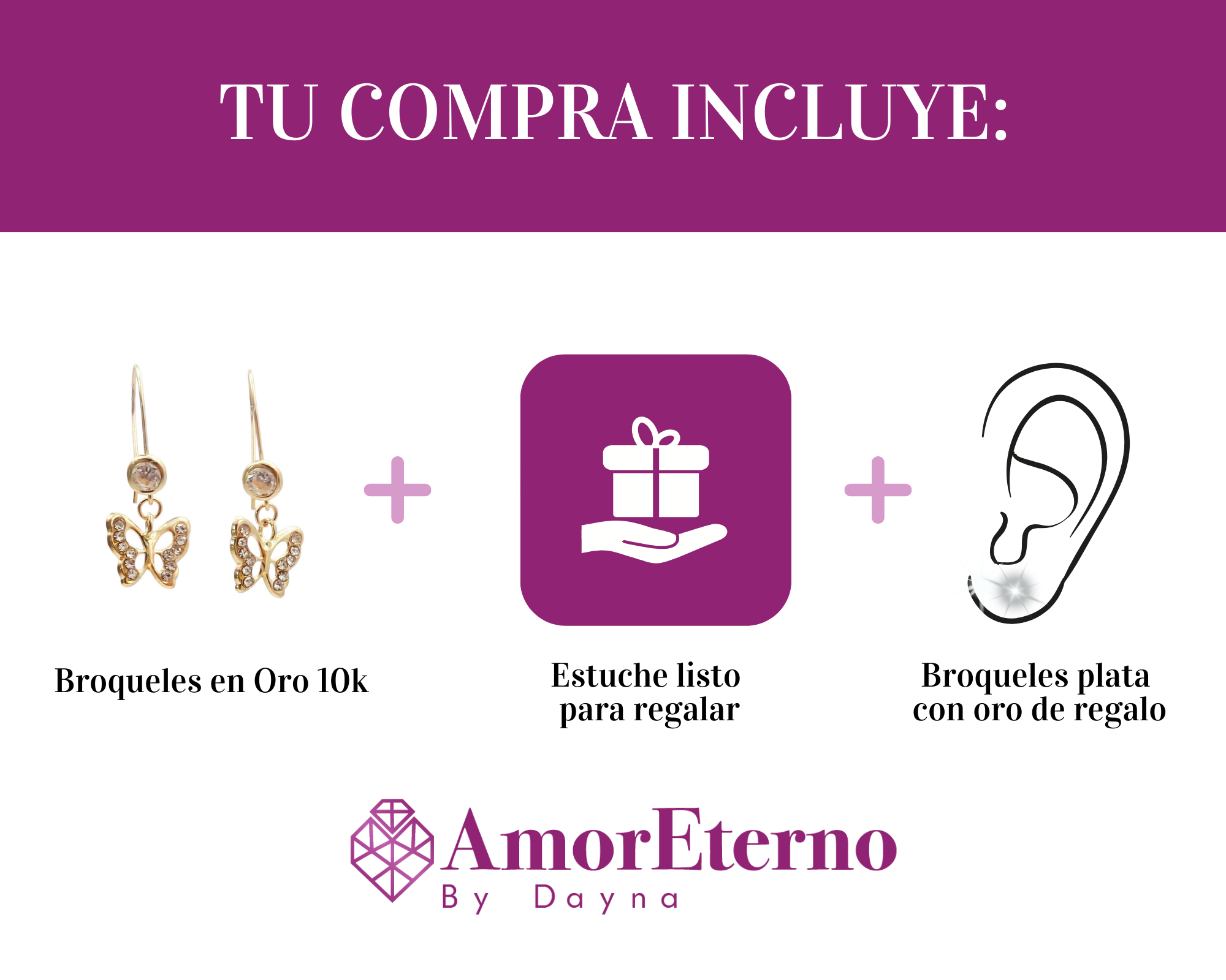 Amor Eterno - Broqueles Arillo Mariposa / Oro Sólido 10k