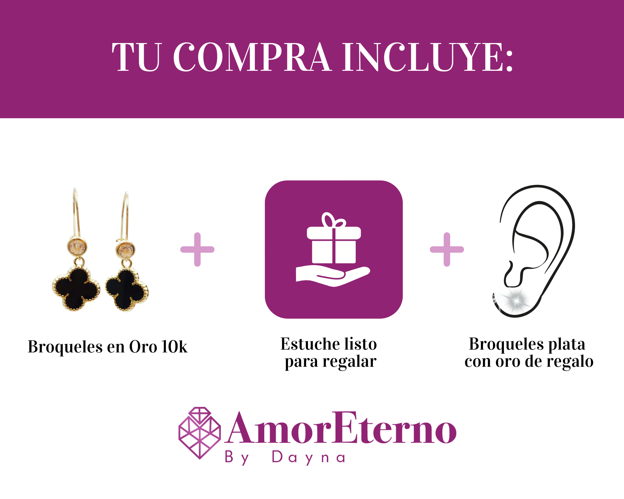 Amor Eterno - Broqueles Arillo Trébol / Oro Sólido 10k