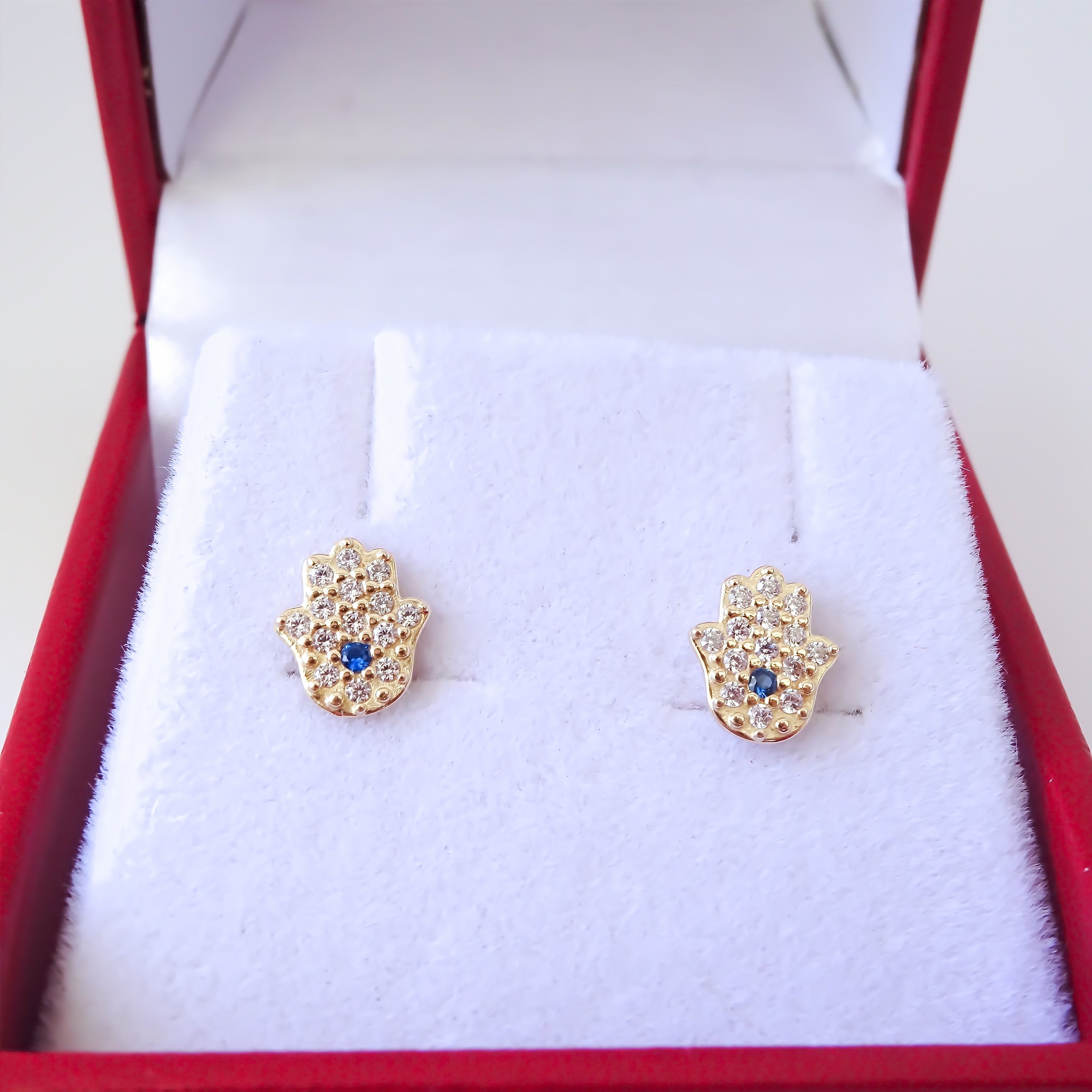 Amor Eterno - Broqueles / Aretes / Oro Sólido 10k + Estuche / Mano de Fátima