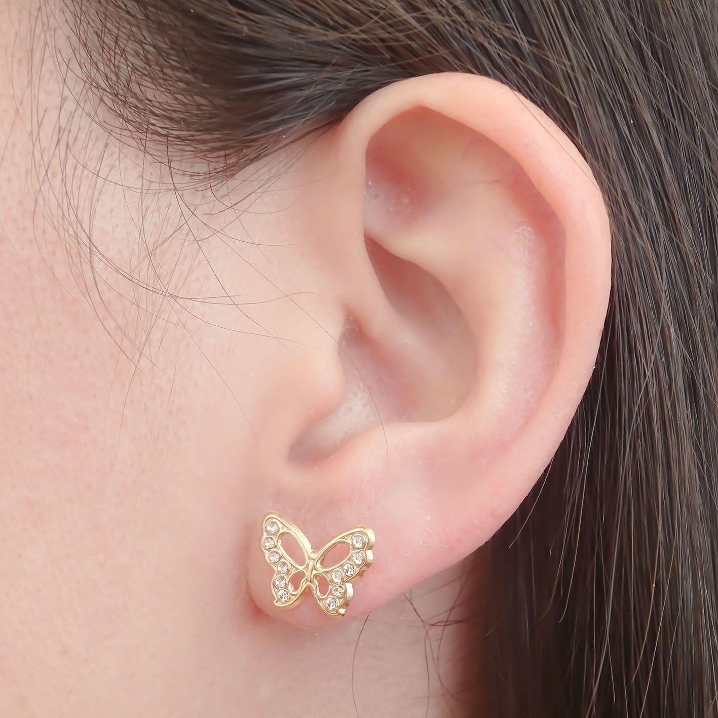 Amor Eterno - Broqueles / Mariposa Grande Transparente / Oro Sólido 10k