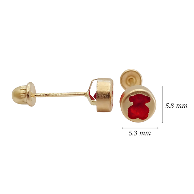 Amor Eterno - Broqueles Osito Tambor Mediano / Aretes Oro 10k / Rojo
