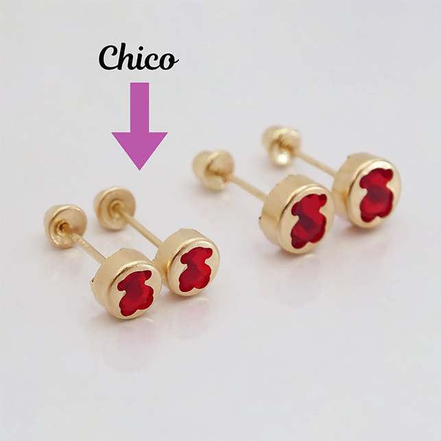 Amor Eterno - Broqueles Osito Tambor Chico / Aretes Oro 10k / Rojo