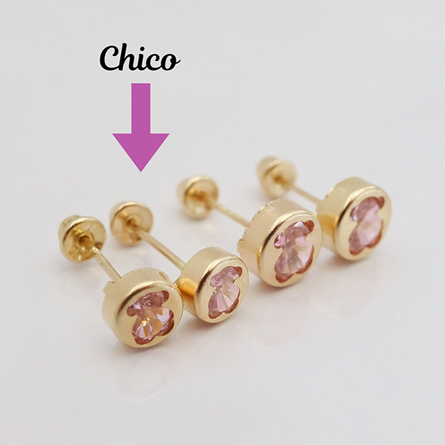 Amor Eterno - Broqueles Osito Tambor Chico / Aretes Oro 10k / Rosa