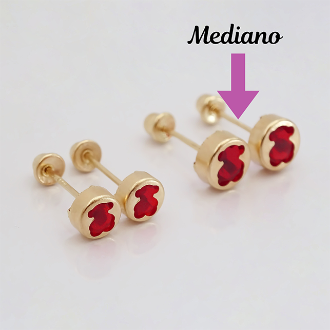Amor Eterno - Broqueles Osito Tambor Mediano / Aretes Oro 10k / Rojo