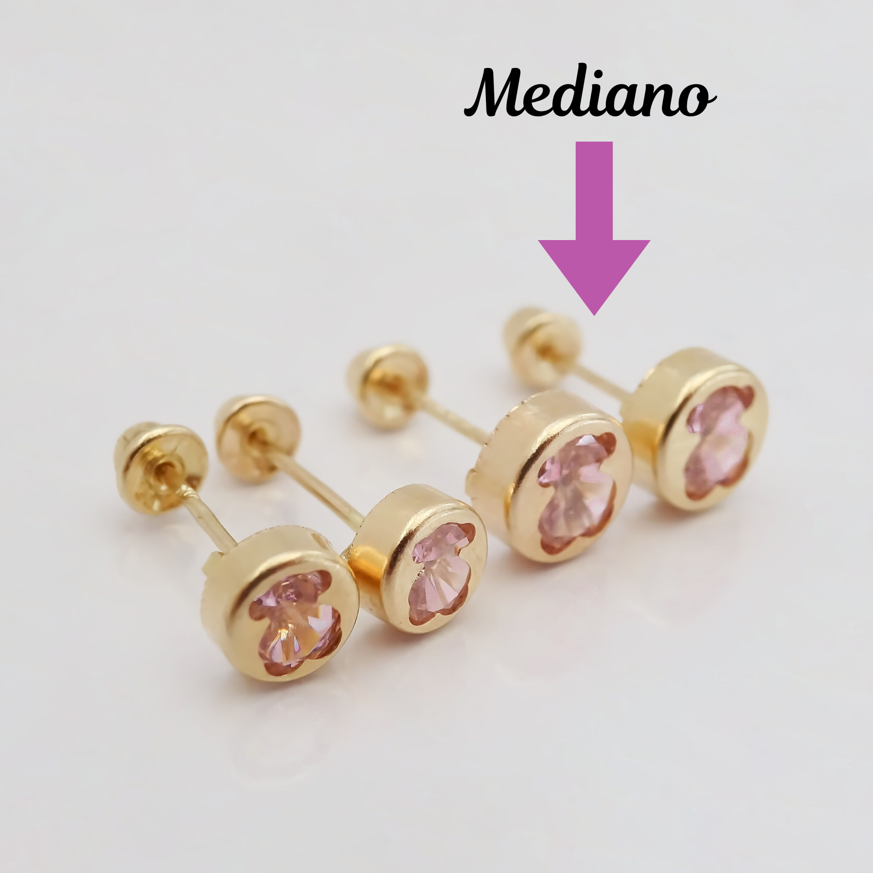 Amor Eterno - Broqueles Osito Tambor Mediano / Aretes Oro 10k / Rosa