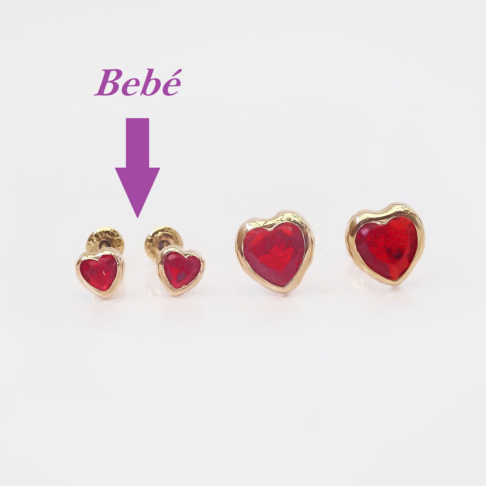 Amor Eterno - Broquel Corazón Bisel Mini Bebé Aretes Oro 10k - Rojo