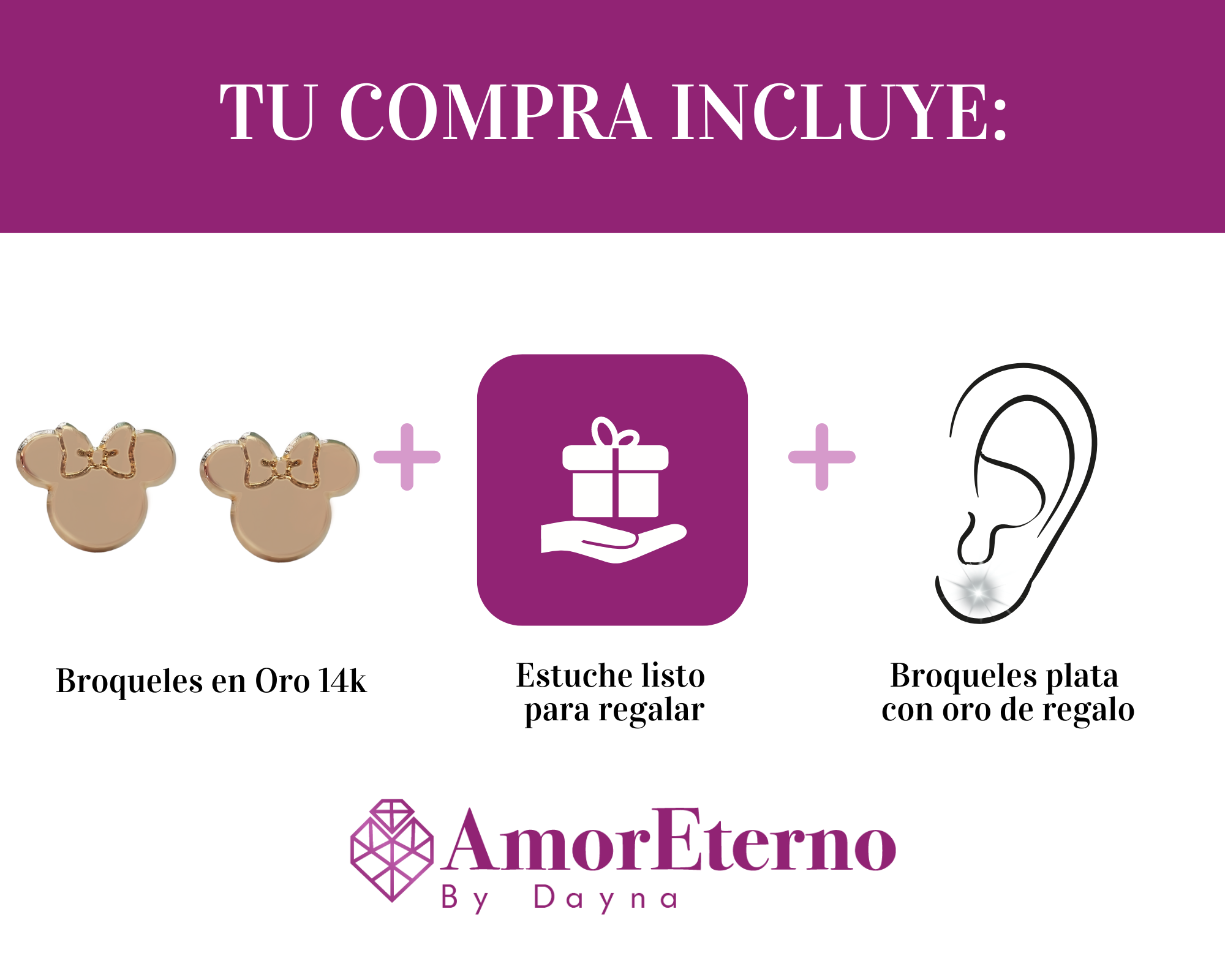 Amor Eterno - Broqueles / Disney Botón Mickey Minnie Oro 14k