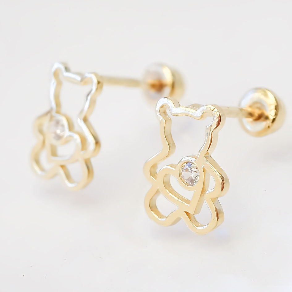 Amor Eterno - Broqueles Oso Corazón / Arete / Oro Sólido 10k